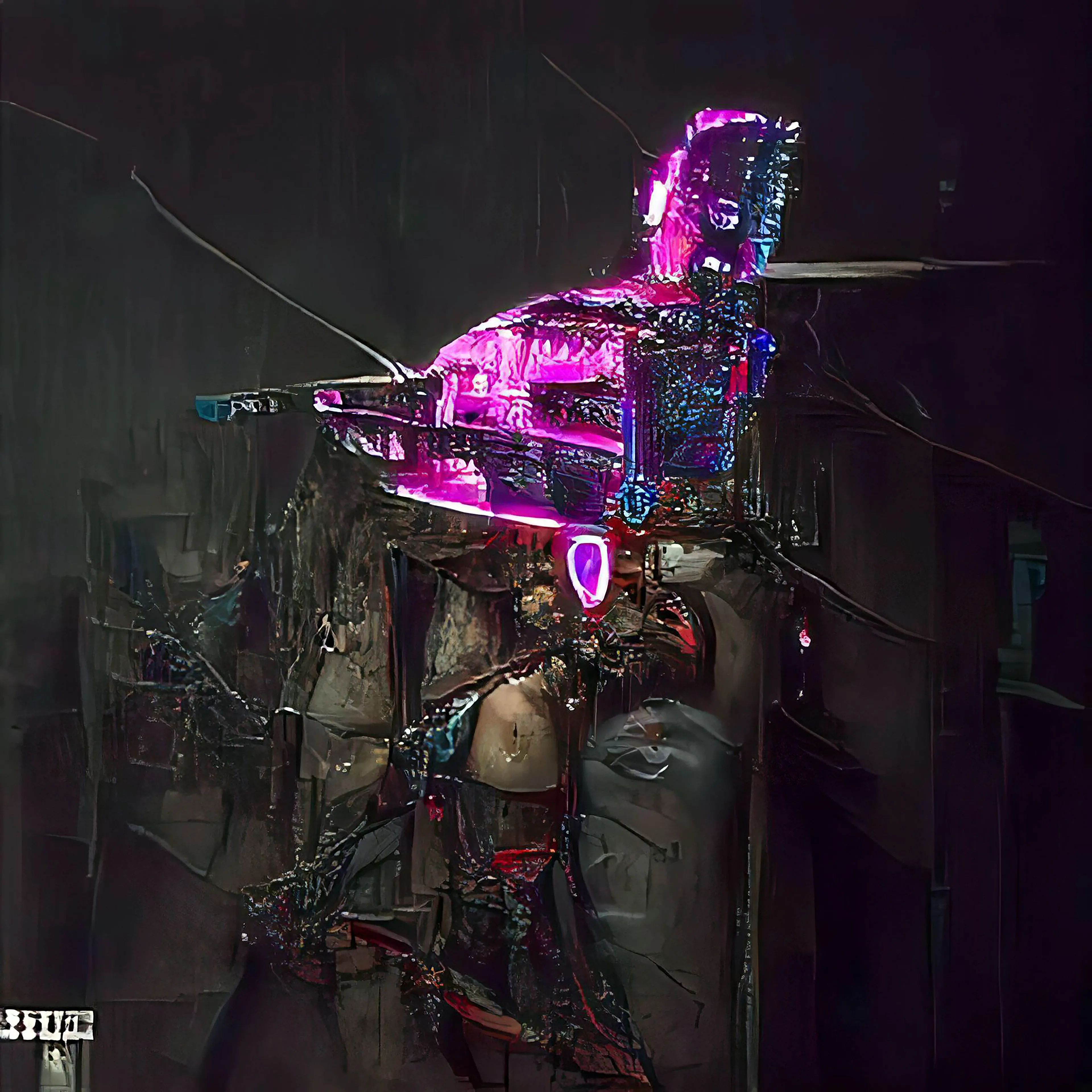 Singularity Stories: Chapter One #3
4000x4000

Created using speech recognition and neural networks trained to transform speech into visuals, based on below input:

Touching down on the pile of scraps, 
plugging in its coord in tabs.
Even made of non-organics, 
the pigeon's plumage was of delicate mechanics.