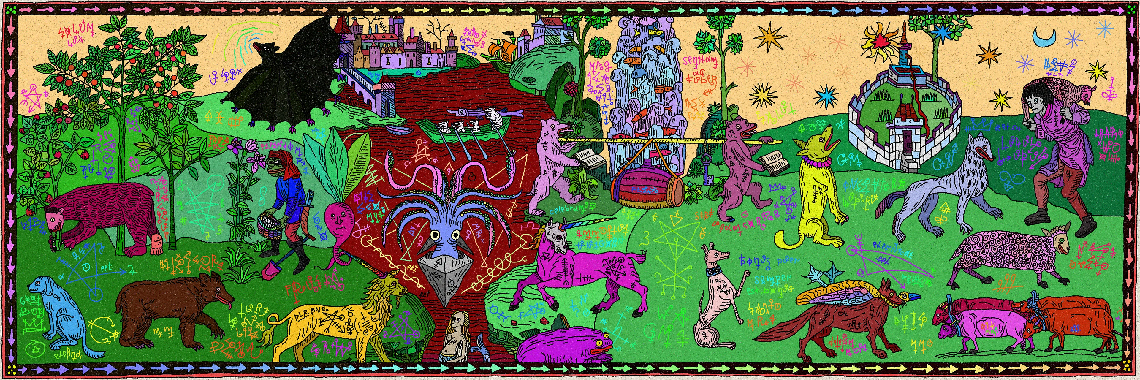 A special x3 wide page of 'Grimemeire'. 1/1 
Ultrasonic bats, SquidDao, Wolfs'n'Sheep game, Unicorns, Rats, Bears getting ready for a bloody red party and many more memethical creatures of ethereum. So many myths to study and much more to discover n capture.
One day I will be big enough count this rare item as a genesis item for a PFP enriched with death project. This item would be a fundamental concept for enriched with death world.