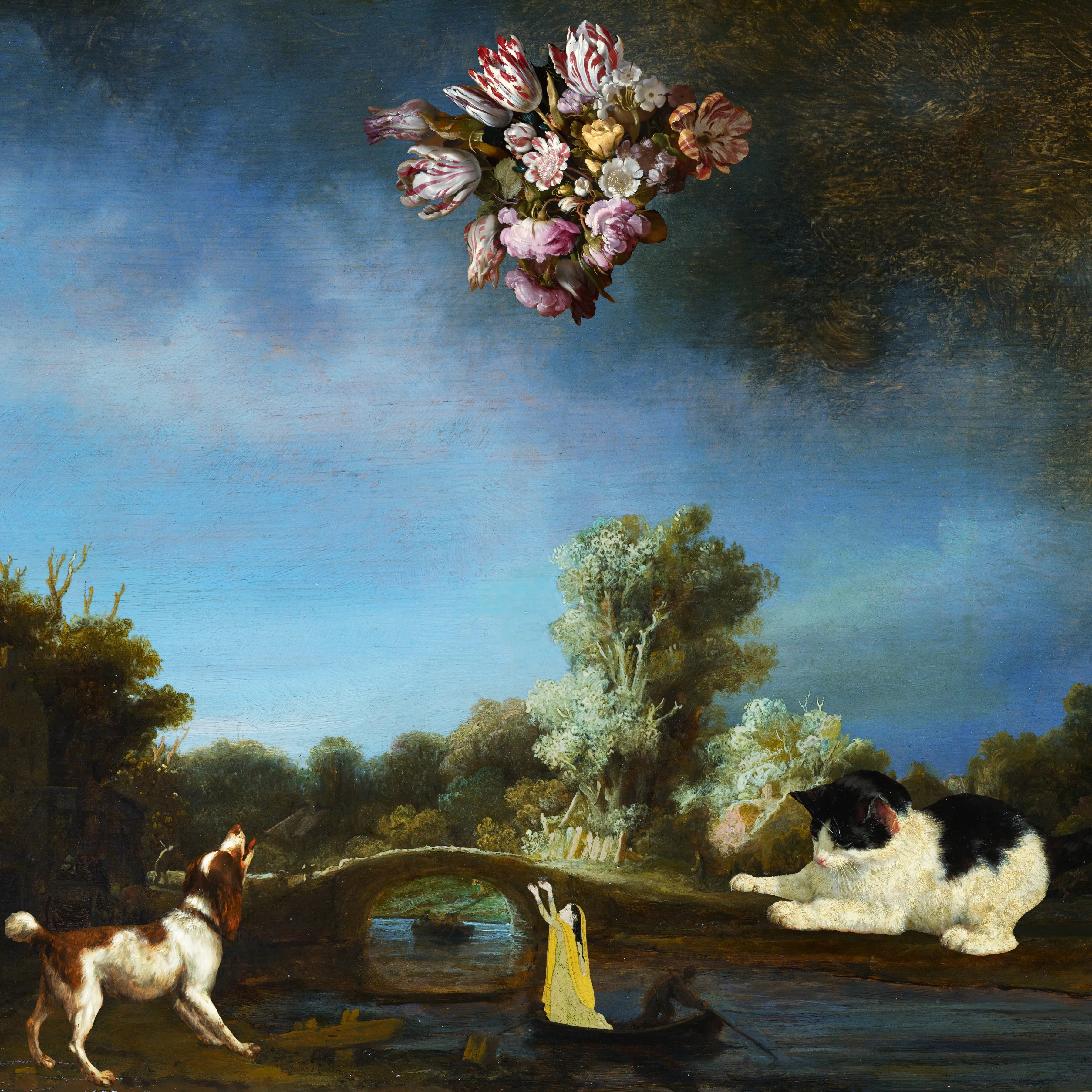 Flower Power
by: iuri kothe
year: 2016
medium: digital collage
size: 3600 x 3600px

[post](https://beta.cent.co/iuri/+gxb7sz)
[video](https://youtu.be/B9lhcsvjndY) 

sources (rijskmuseum): 
[background](https://en.wikipedia.org/wiki/The_Stone_Bridge)
[lady](https://commons.wikimedia.org/wiki/File:Dame_lokt_vogel.jpeg)
[flowers](https://www.wikidata.org/wiki/Q17323056)
[cat](https://www.wikidata.org/wiki/Q17331613)
[dog](https://www.wikidata.org/wiki/Q17322404)