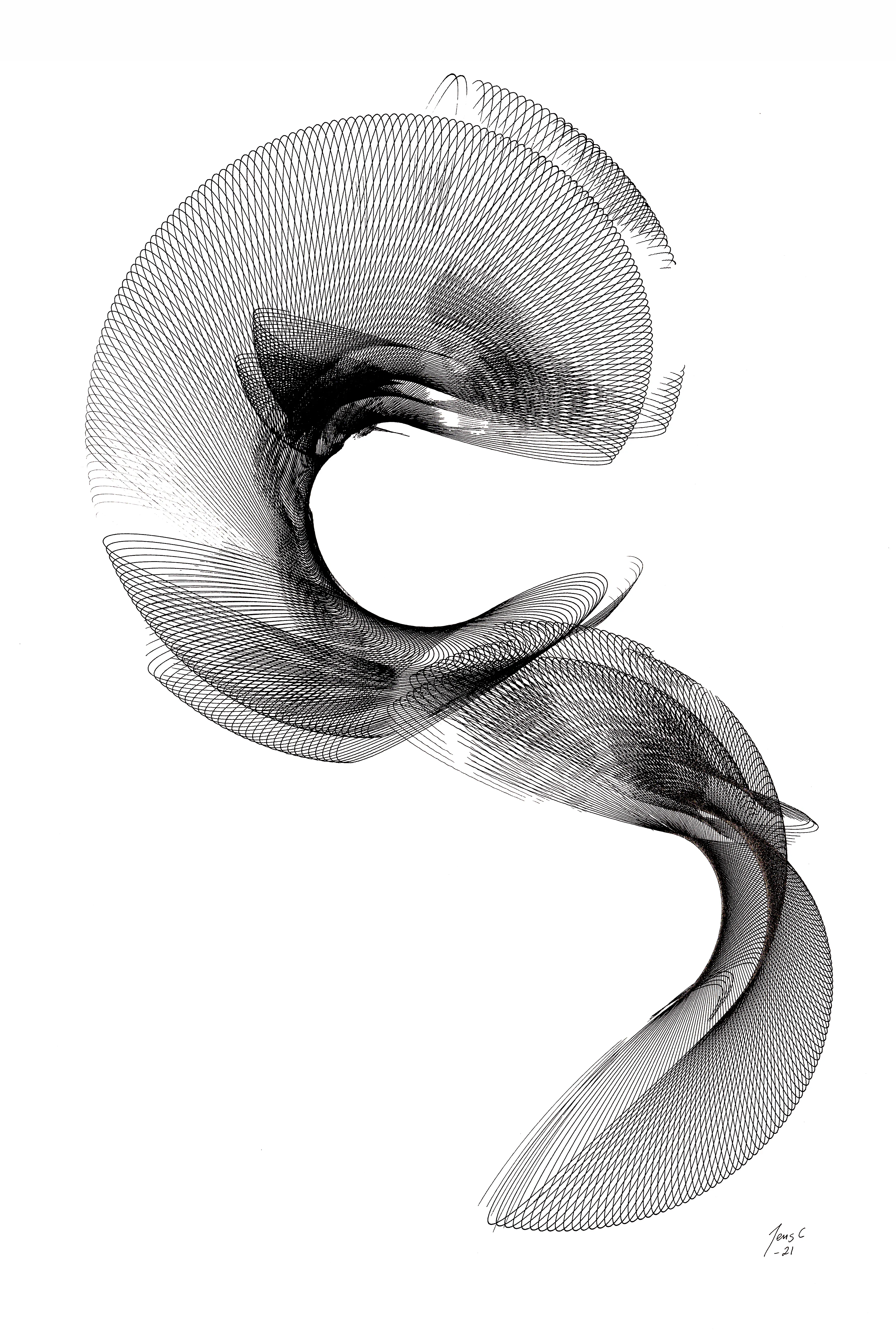 Edition 1 of 1

3516 x 5236px, JPG
Photographed using a NIKON D850 with a TAMRON SP 24-70mm F2.8 lens.
The physical artwork is 420 x 594 mm (16.5 x 23.3 in), black ink on 170 gsm cartridge paper.

About 2 cm of white space has been added to the NFT on top of the image, a photo of the physical piece is available on my website.

This artwork was created using a custom hand built drawing machine. I create each piece by carefully adjusting the speed of three motors and other settings. Each piece is unique. In this piece I used a 3D printed triple pen holder to make the layered lines.

The physical artwork will be sent to the first buyer of the NFT.