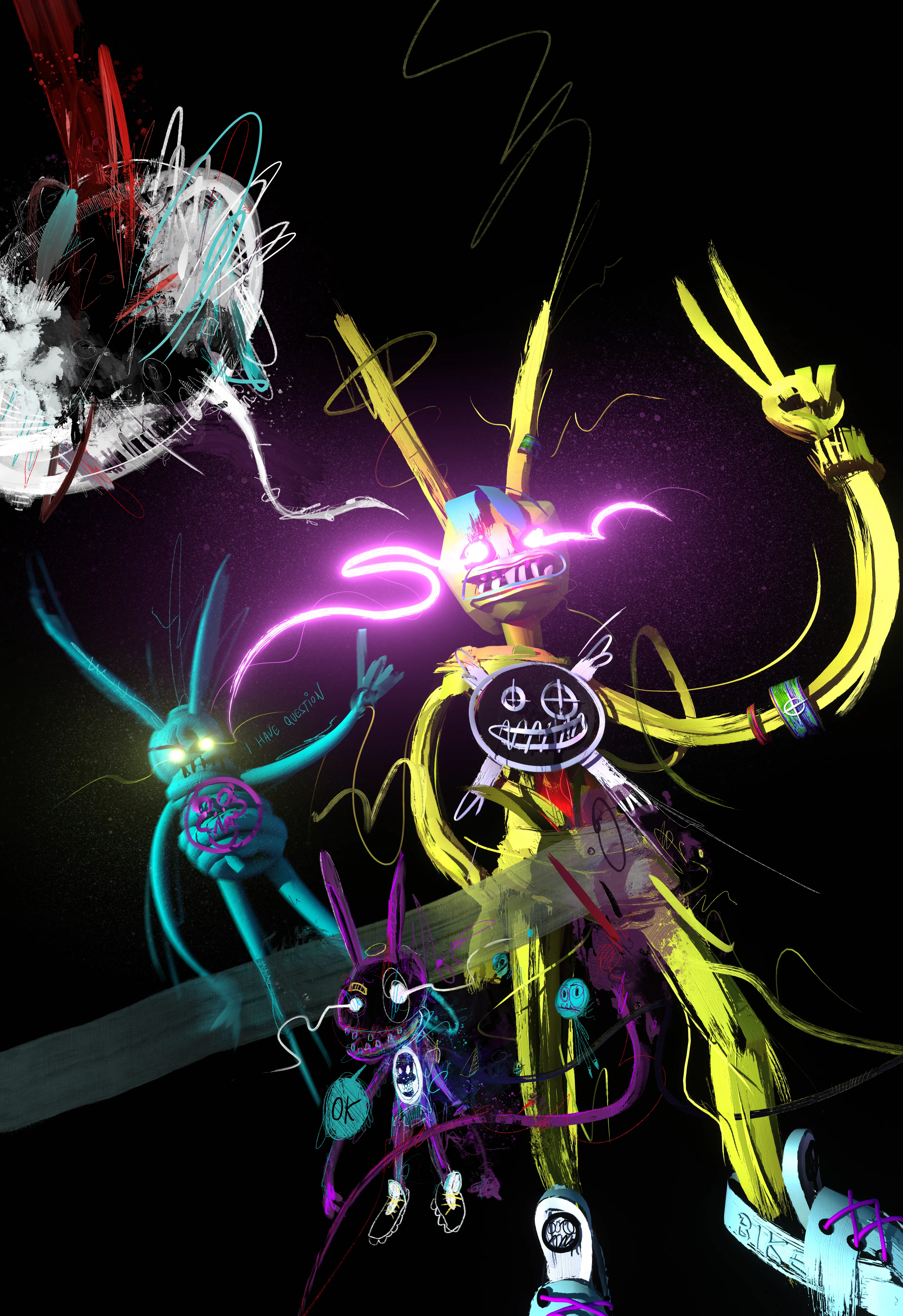 Making poses, looking cool
acting out loud, being fools
new sneaker and duckfaces
looking tough like they’ve been places
that’s virtual actuality when in reality
Blip & Blib don’t even know gravity
digital strokes
make up these blokes
ones and zeroes
none fungible heroes

VR Painting, 3d Render, Digital painting. 

A2 300 dpi print ready with 20 mm border. 