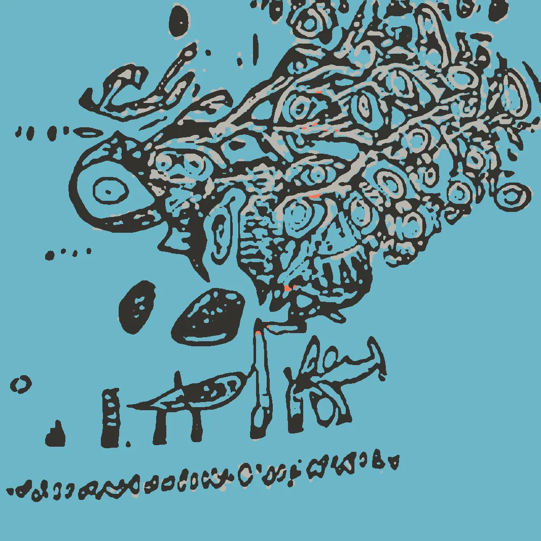 This is part AI, part human analog art, and part human digital art. This piece is generated using a neural generative model (AI) trained on the artist's physical sketchbook. The generation has been re-rendered in a new palette. The physical sketchbook had sketches, doodles, paper cutting, mandalas, zentangles -- often with a brief hand-written description.