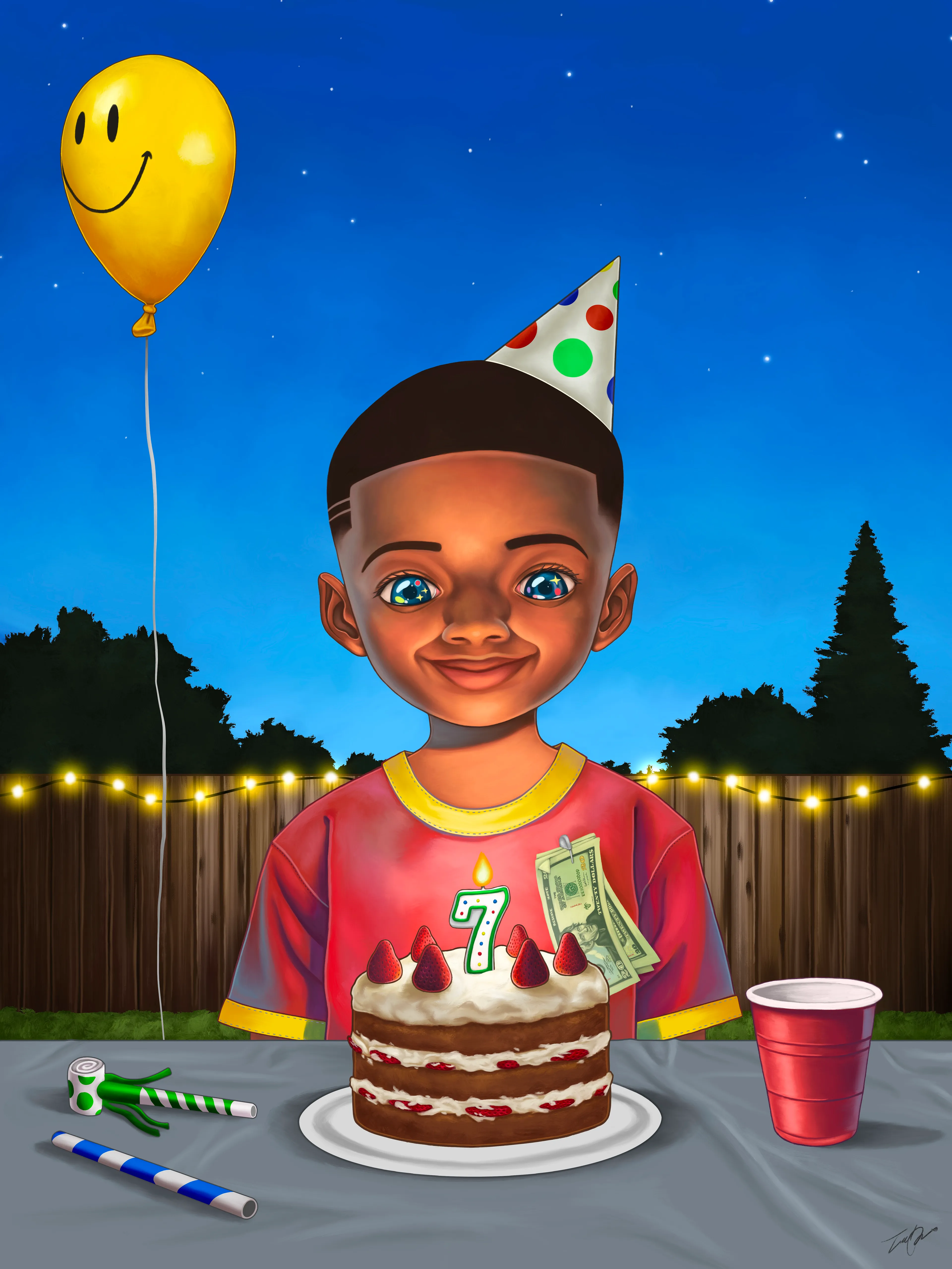 Birthday Boy (2021) is the first installment of the ‘Joy & Wonder’ series. The ‘Joy’ half and the ‘Wonder’ half each have their own distinct feel. 

The ‘Joy’ portion of the series is inspired by nostalgic feelings and bringing more black joy in art. I want these pieces to heal and make people feel good instantly just by looking at them.

The ‘Wonder’ pieces are inspired by children’s imaginations being so vast and uncorrupted like ours are. Going through life, we get told things aren’t possible and we then, lose our flame. But children often think anything is possible. I want to explore my inner child and everyone else’s along the way and find that flame again. 

Birthday Boy is the perfect piece to start off the ‘Joy’ portion. Birthdays and holidays as a child felt more important than anything to me. They were magical. Growing up I feel that I, along with others, have lost that same excitement and joy. I want this piece to bring smiles to faces and find that magical feeling again.
