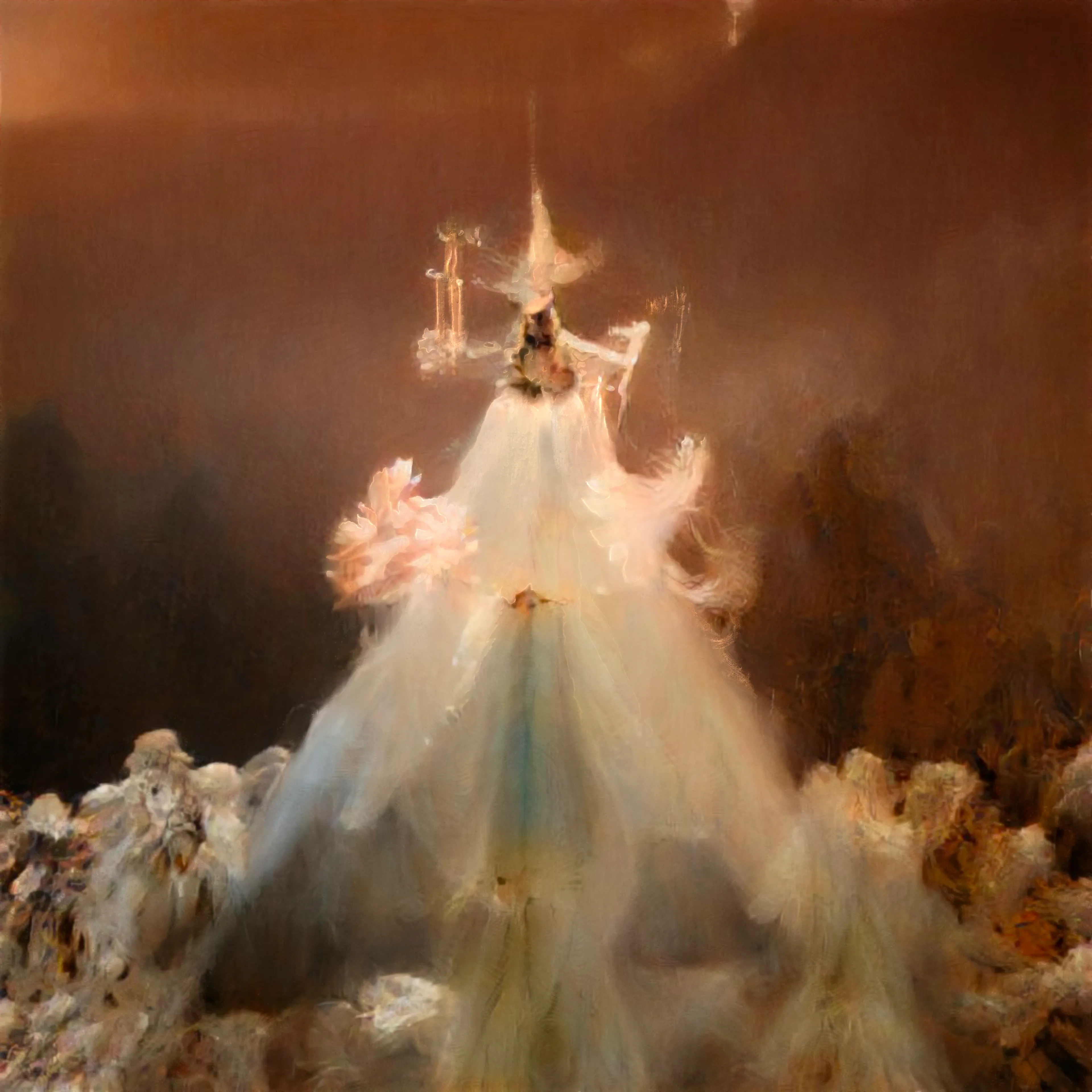 AI, Digital. 4K. 

This work represents the freedom and new beauty of digital identity. The faceless figure stands atop piles of wilted white carnations, holding the first pale pink blooms of spring. The intangible spirit of the figure radiates with the light of the true, inner self, leaving behind the physical decay of a prior life.

The piece is composed of thousands of images via Artificial Intelligence, with both digital and hand-drawn elements. In this way, it exists collaboratively between the human, the machine, & the transcendental. The figure remains faceless, though the artists hand has highlighted with golden light the shifting forms therein.

The aesthetic is meant to call to mind the classical style of the "old masters" of both the East and West, aiming to bring forward the treasures of our cultural lineage into the new realities of an AI-assisted future.

drink in your true colors
pale and strong like the first light of morning
rise, anon
and turn your face to the sun