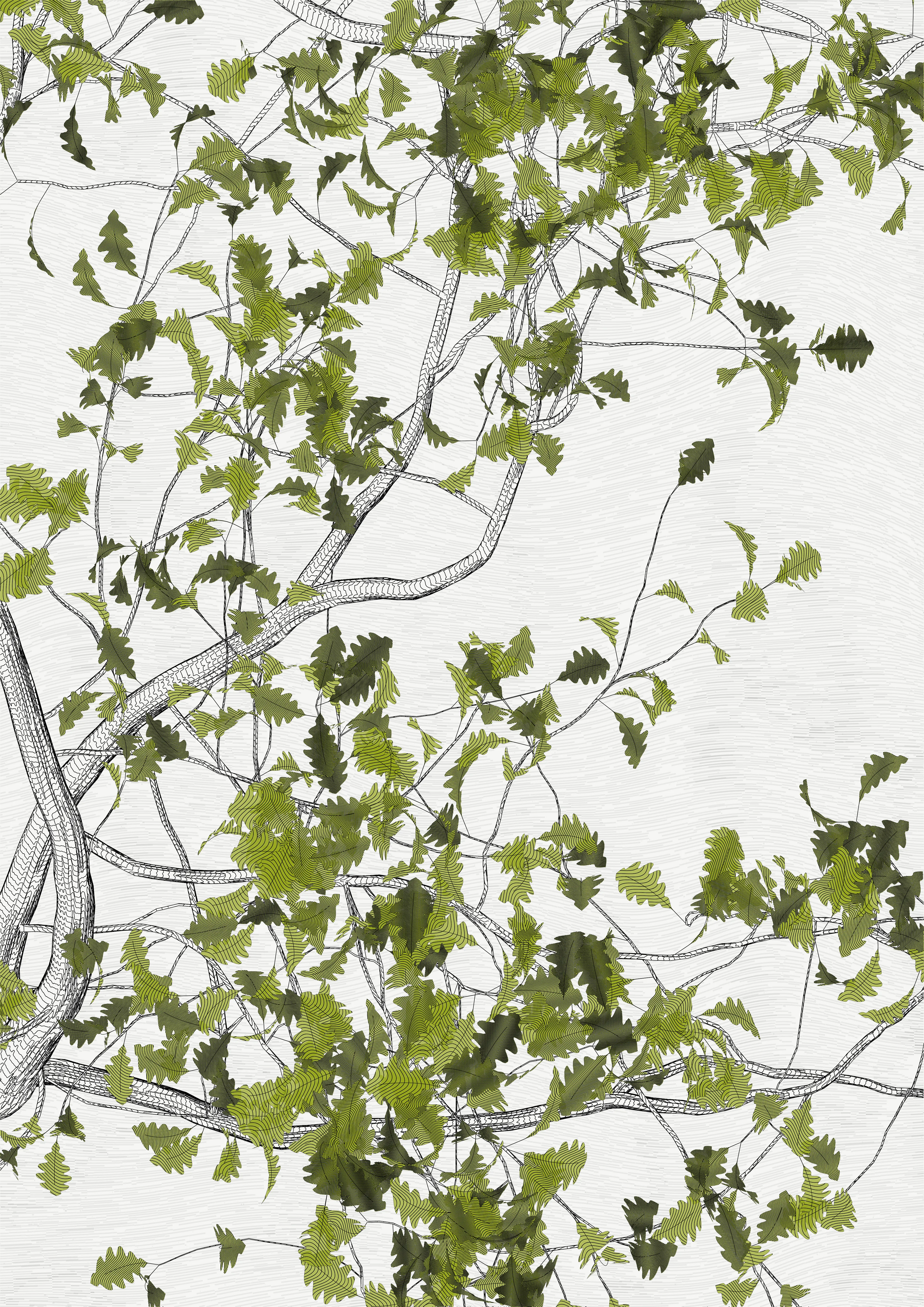 — In the spring of 2021, I carried out a set of research for the rendering of vector trees with programming code, with the aim of making plotter drawings.
My work began to focus on tight and immersive framing in order to refine the rendering of the bark — and to pay tribute to a childhood spent hidden in the foliage of oaks. This resulted in a A4 drawing of dense leaves scattered around the slightly off-center mass of a solid trunk.

To my surprise, I found out that the code was actually calculating the entire tree, showing only a small window.

Then began a patient discovery of the hidden parts, computing and drawing one sample after another.
It was only after hundreds of hours of plotting and after all the drawings had been framed and hung that I was able to watch the Oak in its majestic entirety.

Parts coordinates refer to the position relative to the first drawing revealed, which is at #0,0

—
The Oak Tree part #+1,0
High resolution PNG 4200 x 5920 
Custom javascript code
