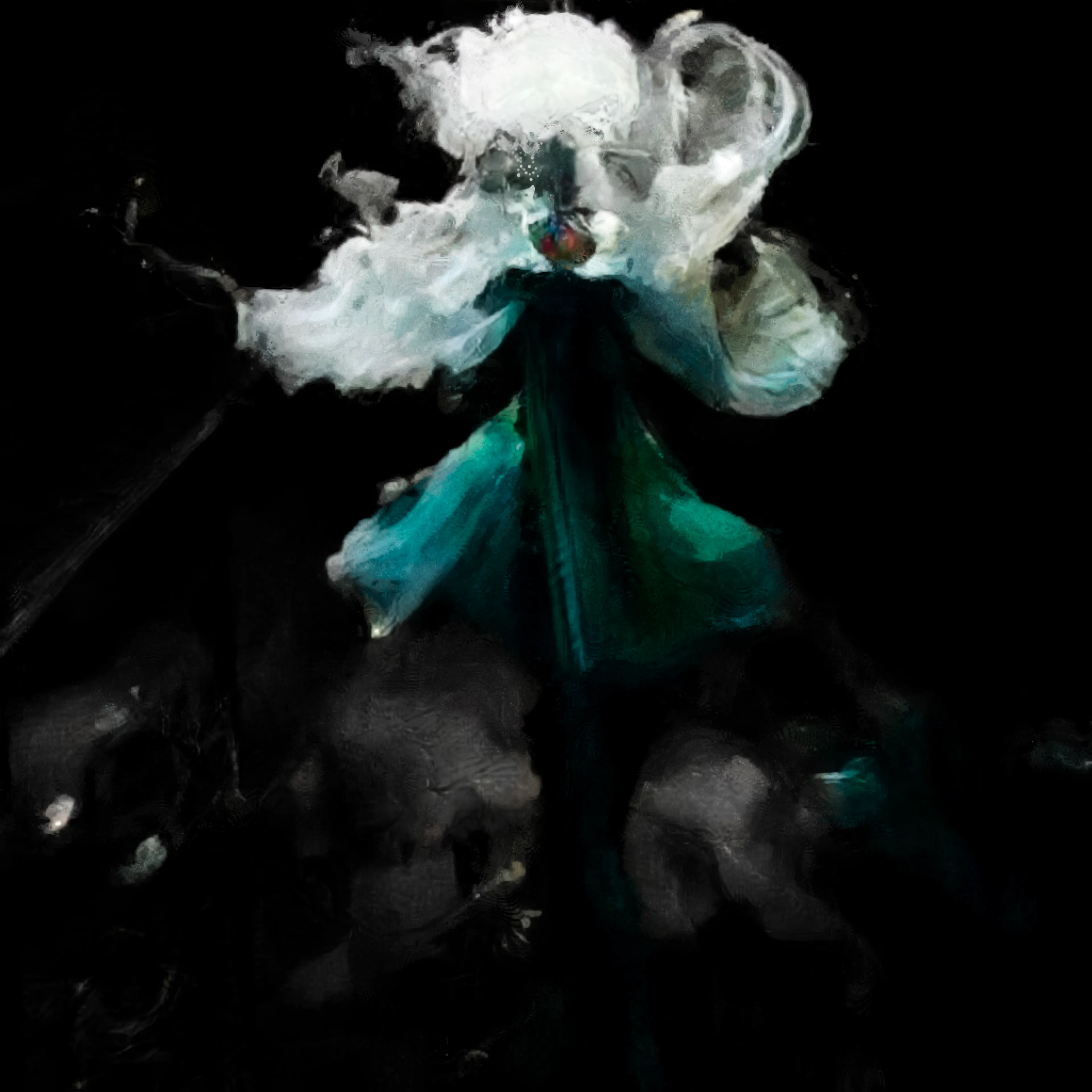 AI, Digital. 4K.

In Alchemy, the pursuit of the "Magnum Opus," by which both enlightenment and immortality might be obtained, is reached through a series of chemical phases, each associated with a particular color. 

Aqua Regia, from Latin, "Royal Water," is the phase in which gold is dissolved into a liquid solution. Esoterically, this represents the soul being "dissolved" of impurities to allow access to the higher self. 

For the artist, this piece symbolizes the transmutation of envy into action--of want into ambition--of "lack" into empowerment. The figure is touched with a transcendent light, and is part of a story larger than itself.

This work is composed of thousands of images via Artificial Intelligence, with both digital and hand-drawn elements. In this way, it exists collaboratively between the human, the machine, and the transcendental. The figure remains faceless, as the identity is still forming--and will continue to form, until the Magnum Opus is complete.