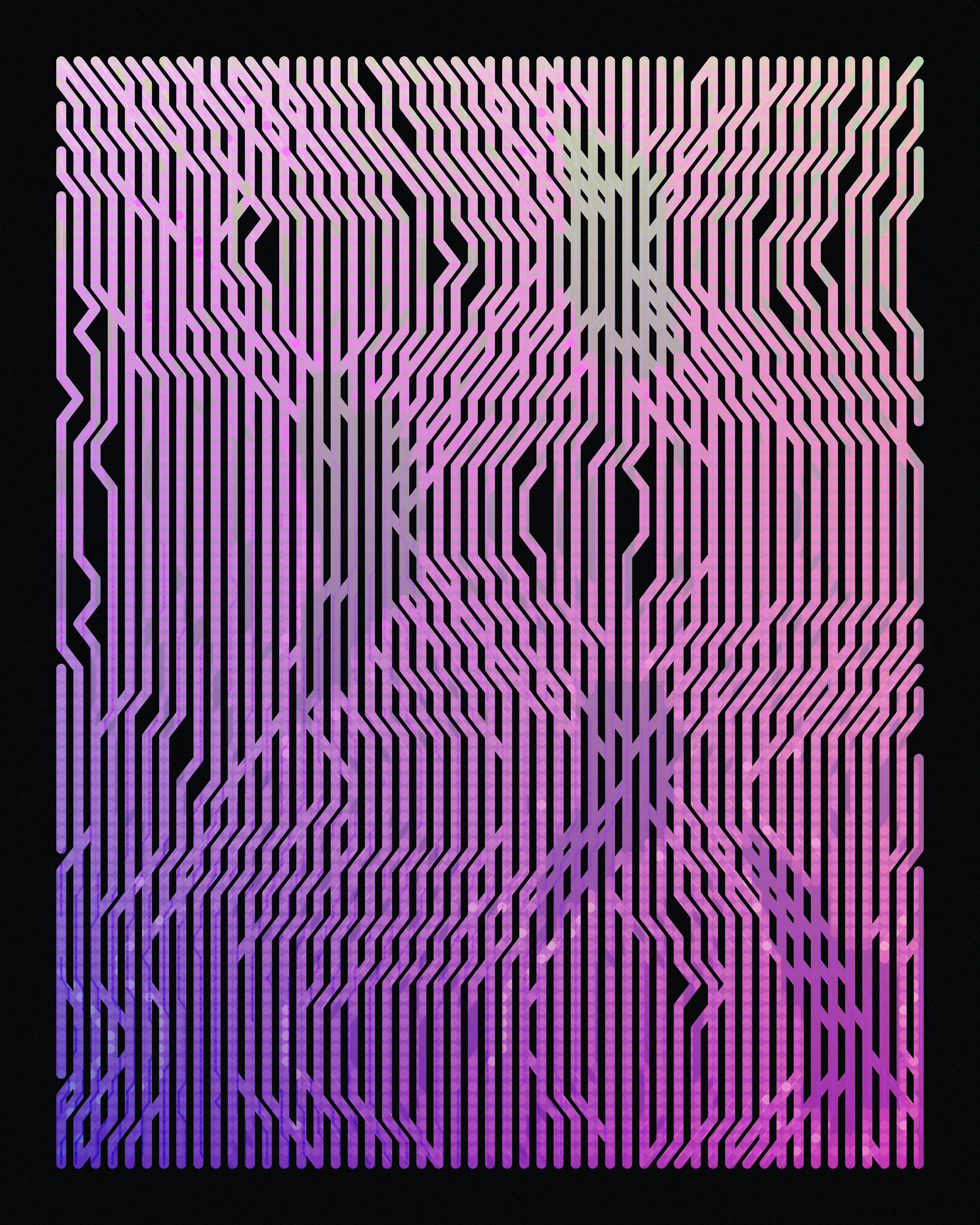 "Discrete Structure" is a generative abstract series.
The vertices in grid system are connected together via randomly generated paths.

Dimensions: 8000×10000
Year: 2021