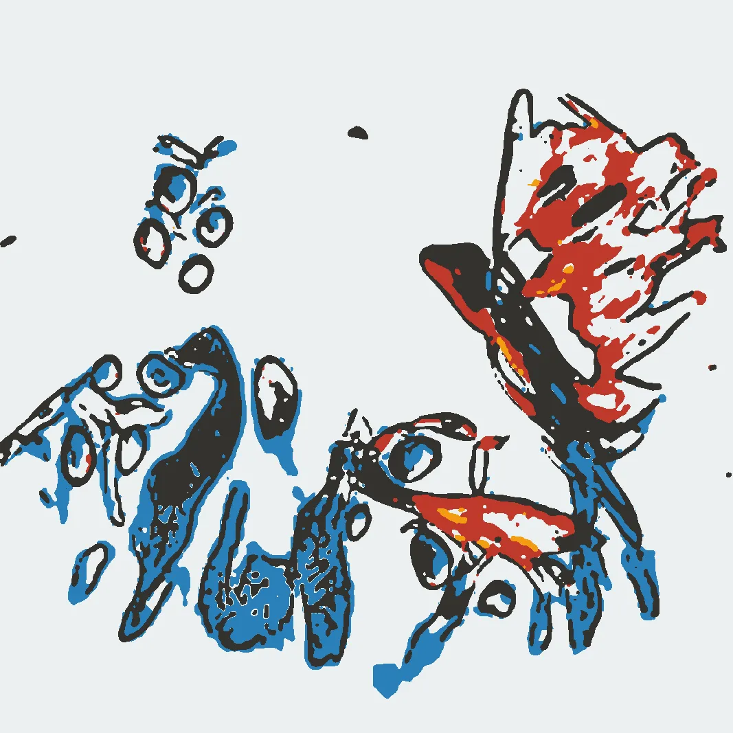 This is part AI, part human analog art, and part human digital art. This piece is generated using a neural generative model (AI) trained on the artist's physical sketchbook. The generation has been re-rendered in a new palette. The physical sketchbook had sketches, doodles, paper cutting, mandalas, zentangles -- often with a brief hand-written description.