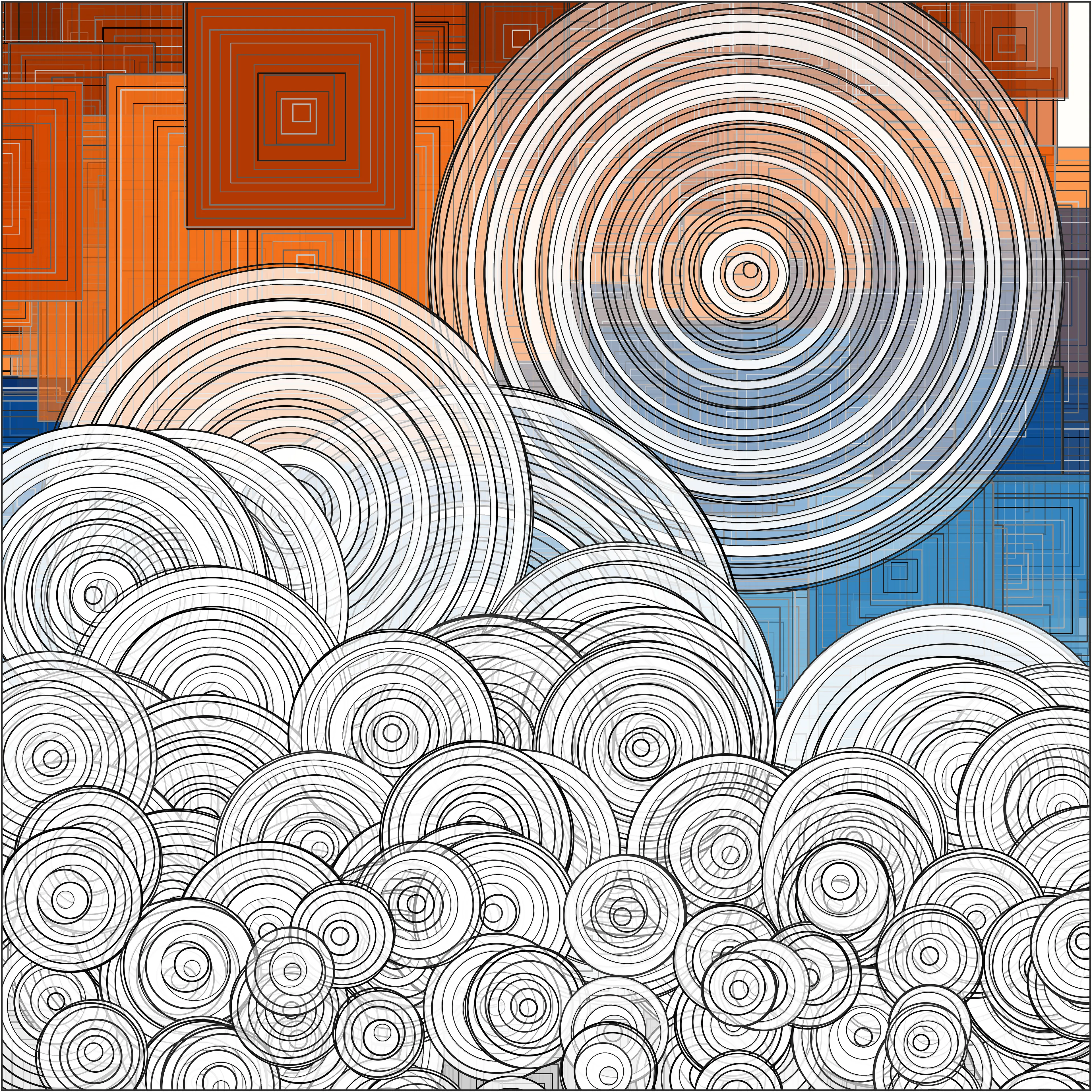 Ex-Gaussian 1 (R code, 8/17/2021). This generative artwork is part of a three-part iteration series (numbered 1,2,3). The title of this refers to the ex-Gaussian distribution, which governed the sizes of colored squares in the background, and partially transparent white circles in the foreground. Tile gradient fill colors were height-dependent, followed by overlain square outlines in varied shades of gray and random line widths. Each circle was shifted upward based on radius size, which sank the smaller circles to the bottom and raised the larger circles. A similar scheme to the tiles was used to create concentric, jittered circles within each. Partly transparent white bands were drawn using polygons defined by pairs of concentric circles. The image dimensions are 20x20 inches and 300 DPI, which produced a file size below the limit, which provides a higher resolution (more detail) than the original version shown online.
