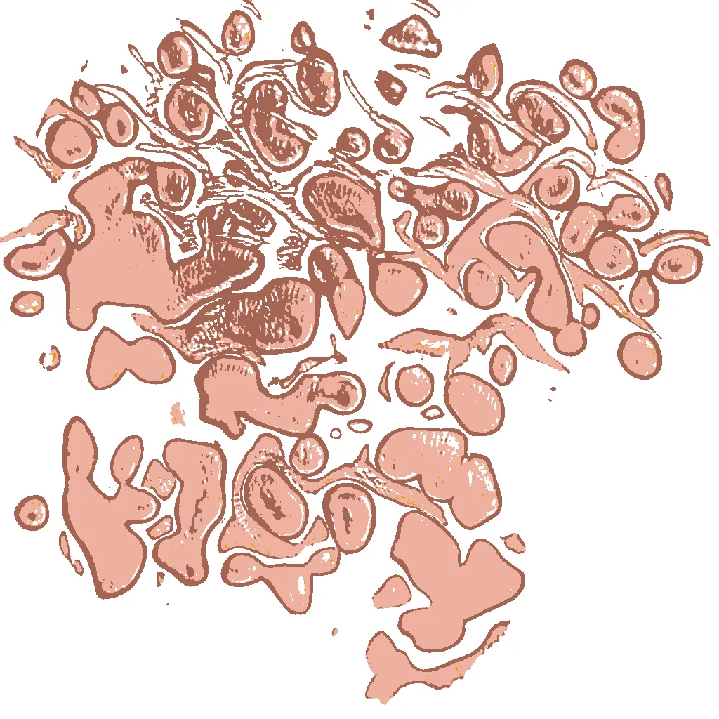 This is part AI, part human analog art, and part human digital art. This piece is generated using a neural generative model (AI) trained on the artist's physical sketchbook. The generation has been re-rendered in a new palette. The physical sketchbook had sketches, doodles, paper cutting, mandalas, zentangles -- often with a brief hand-written description.
