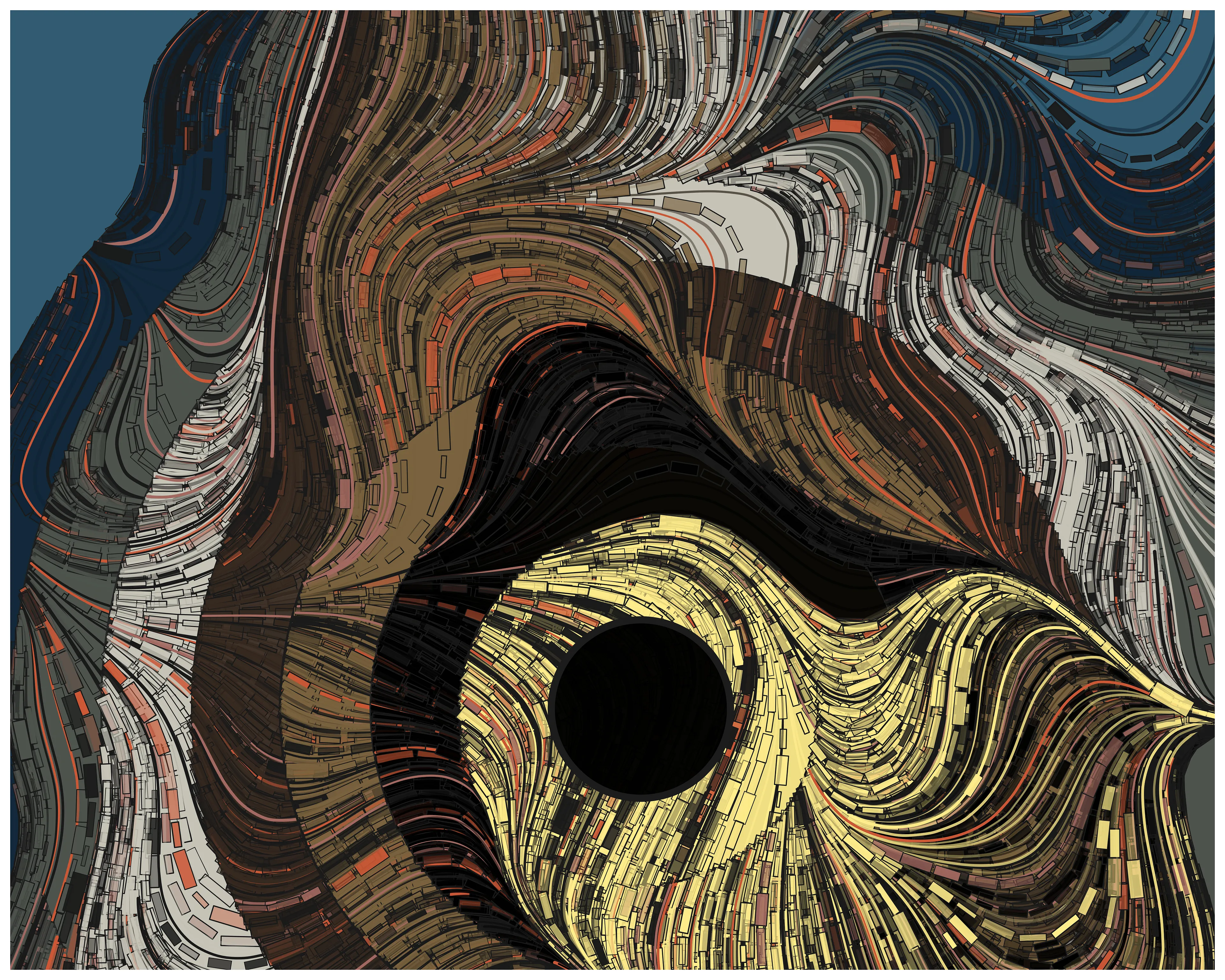 The Lion 3 (R code, 9/27/2021). This is an iteration generative artwork (numbers 1,2,3). An homage to "The Sleeping Gypsy" by Henri Rousseau (1897). The color gradient was patterned after the lion, looming near a sleeping figure, strands of color patterned after her hair. The code art drew a series of eight consecutively smaller concentric discs atop a bluish background. Each disc was traced in a dark gray edge of randomly varied thickness, and each of the boundary points along the edge was used to seed a path along an unseen flow field. Some of those paths were drawn as narrow rectangles, with varied transparency, while others were drawn as lines. The penultimate, bright yellow disc of the lion's eye was the last with emanating flow paths, with the disc in its center plotted simply and filled black. The image dimensions are 20x16 inches and 300 DPI, which produced a file size below the limit, which provides a higher resolution (more detail) than the original version shown online.