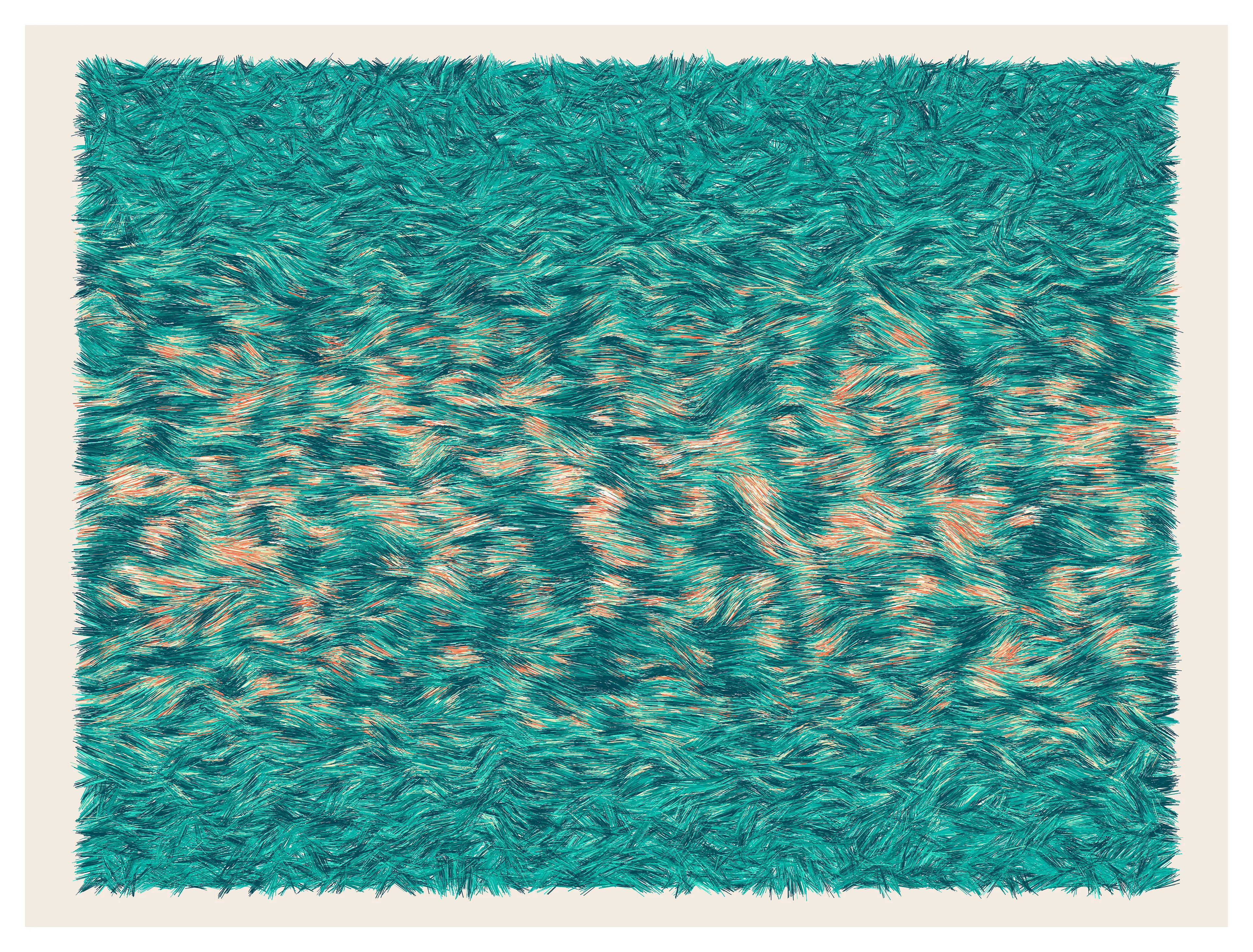 I made this piece after wondering if it was possible to smooth a noisy space out gradually in a spacial way. The top and bottom are rough and chaotic; that chaos slowly dissipates as the central steam in the piece is reached, which appears calm and reflective. Both the colors and lines use the same concept, which can be seen if you look closely.

Size: 5500×4180 px
Edition Info: #3 of 3 works generated from the generative algorithm "River"
