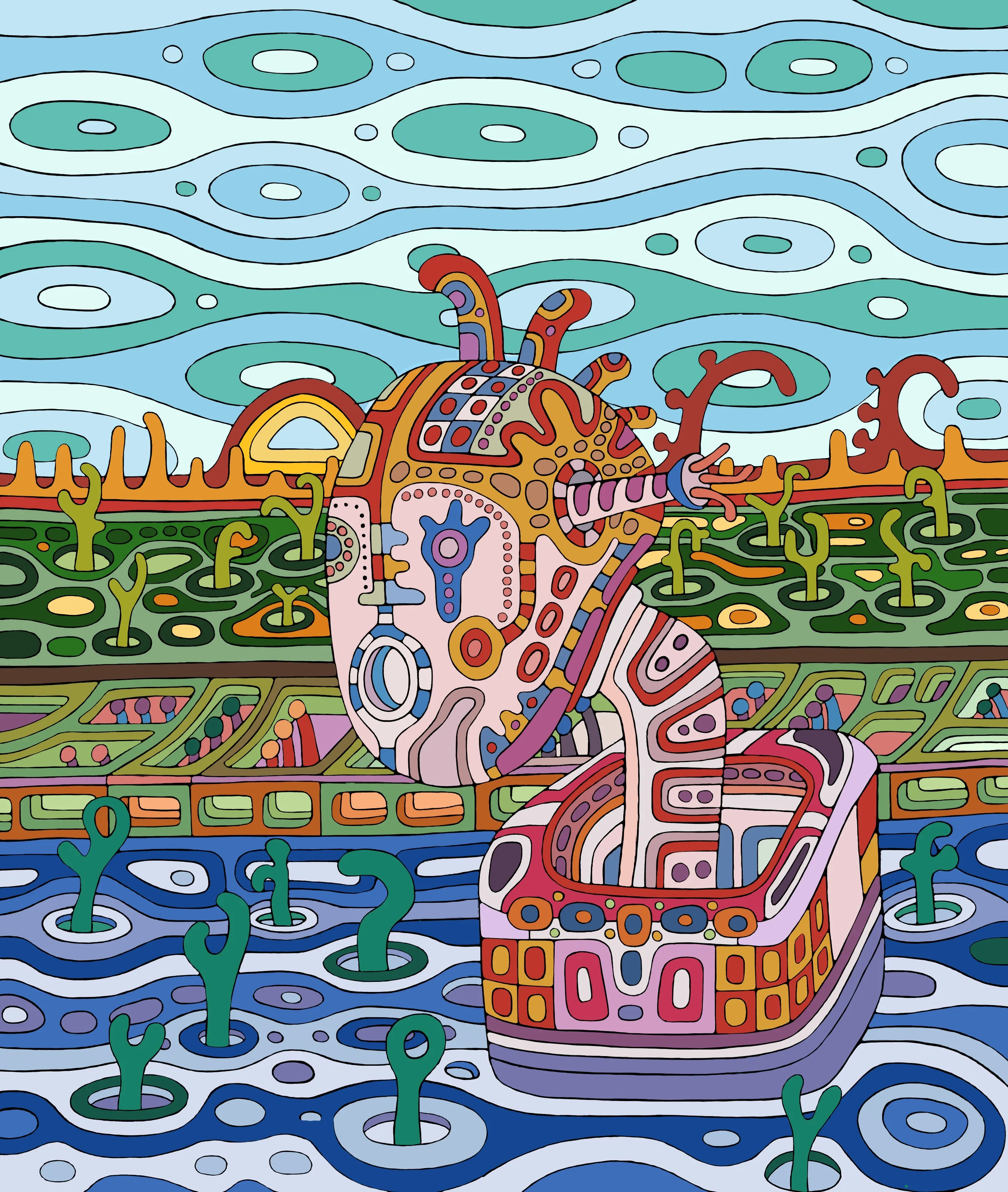 My mind is a colourful swamp
Patterns and fractals melt in my eyes
Inverted Colours and shapes
Geometric portals, opening wide