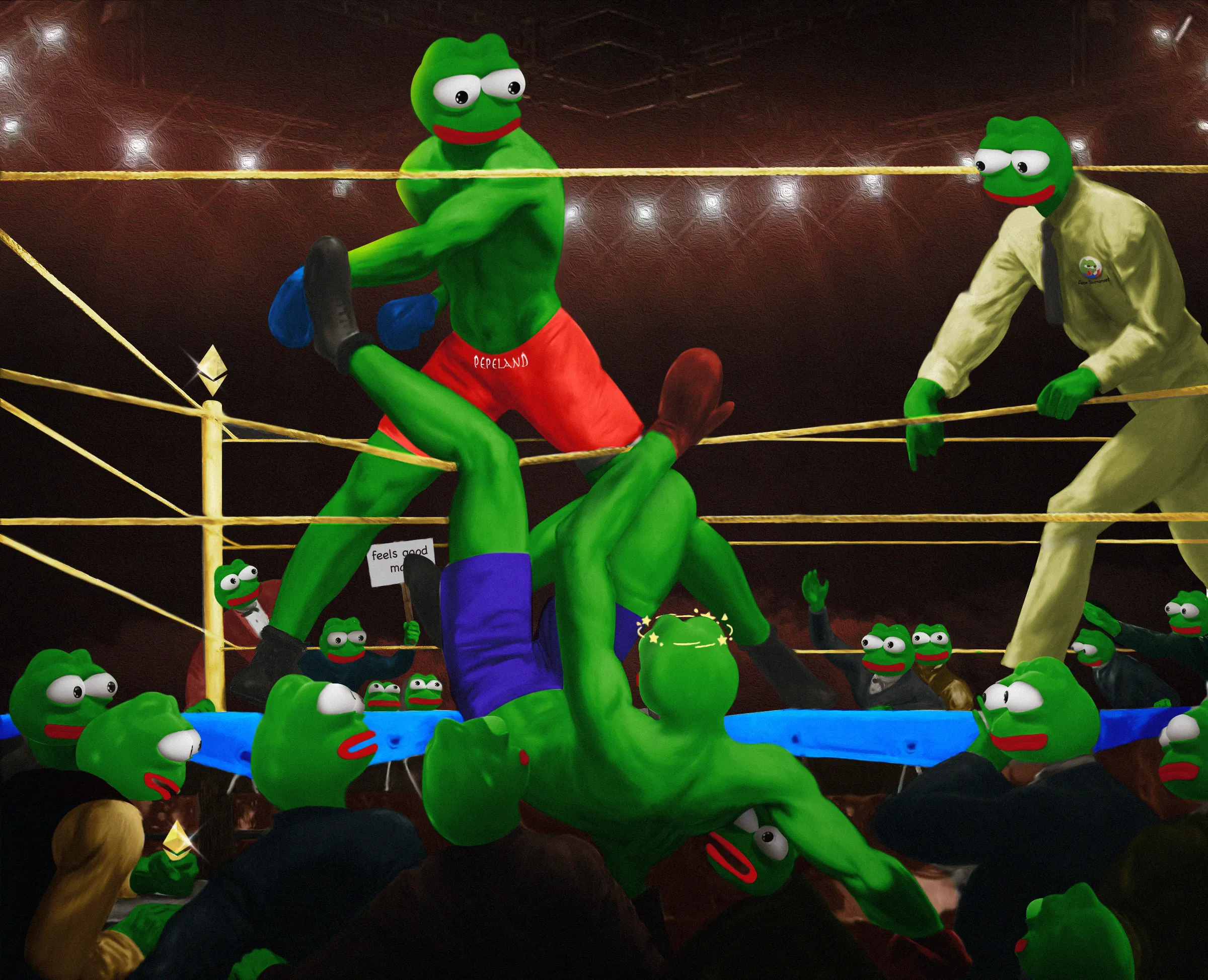 Dempsey and Firpo painting depicting the September 14, 1923 boxing match between American Jack Dempsey and Argentine Luis Firpo by George Bellows inspired me to create this piece of art.

I am creating this to visualize the dramatic moment Firpo Pepe knocked out Pepe Dempsey at the Pepeland Boxing Tournament, despite Pepe Dempsey's eventual victory. 

Dimensions: 2400 x 1947