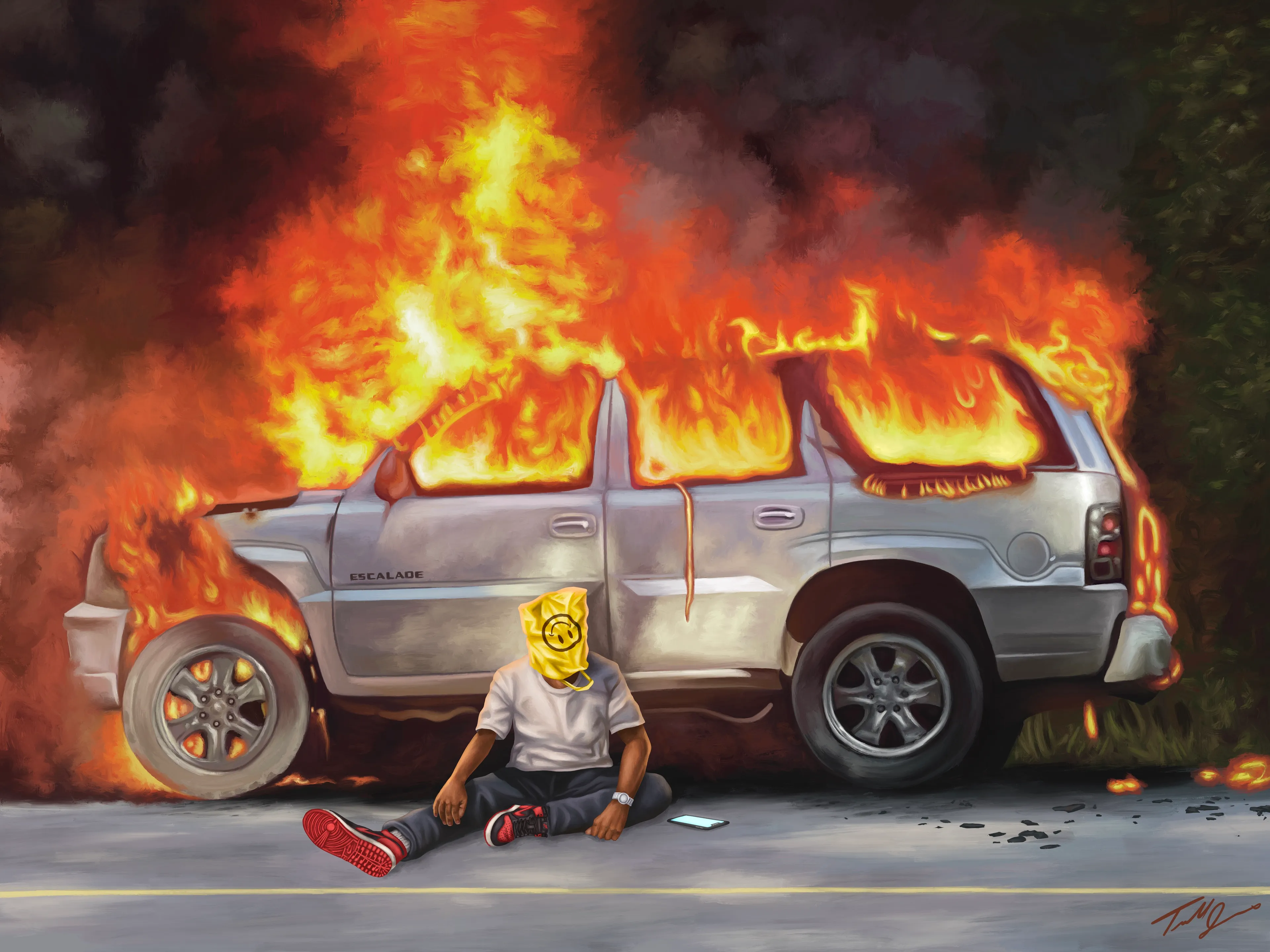 Fresh Off Tha Lot (2021) is the first piece from a series titled "You Make Me Feel Like I Crashed". This series explores beauty in destruction. This work is meant to epitomize the feeling of self sabotage.