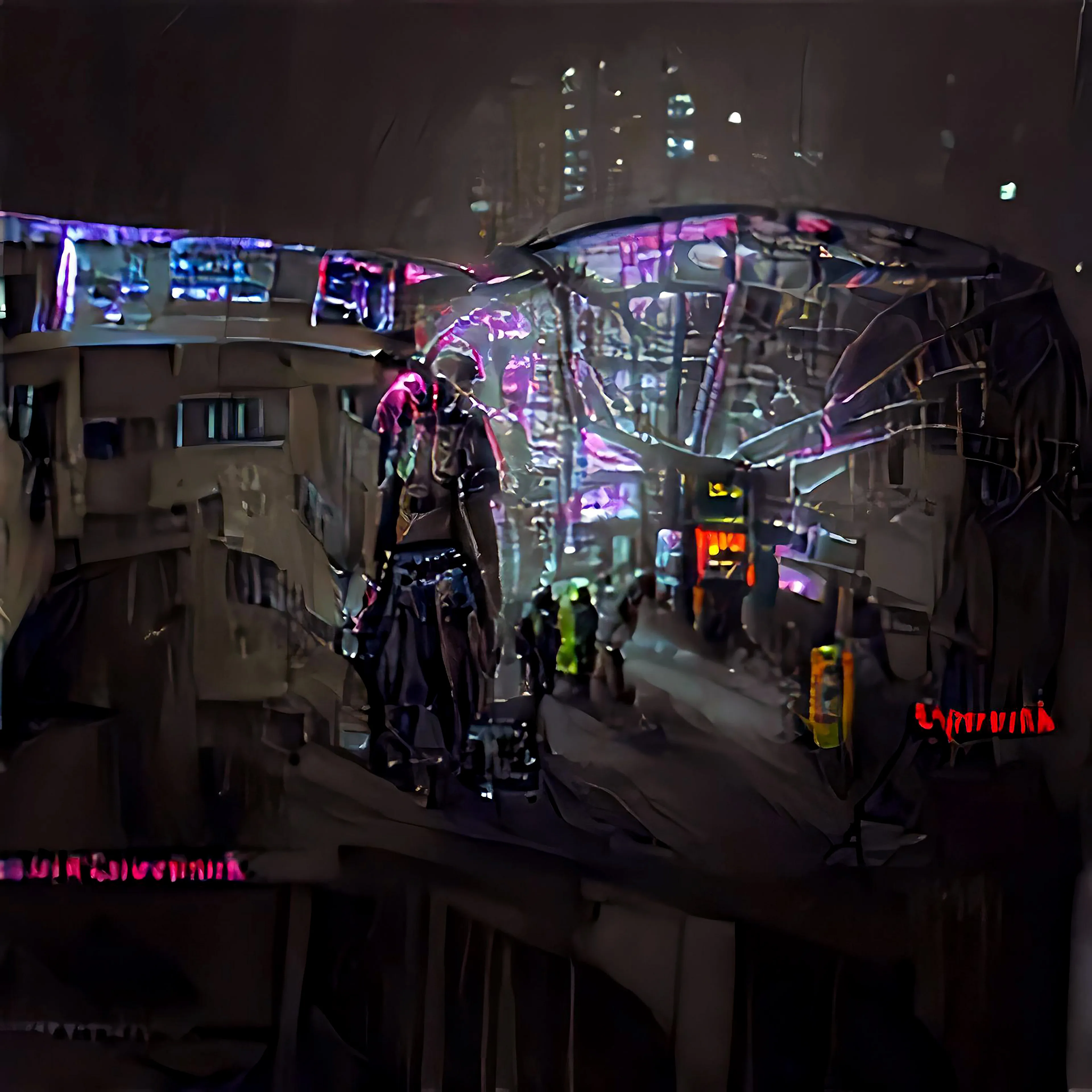 Singularity Stories: Chapter One #1
4000x4000

Created using speech recognition and neural networks trained to transform speech into visuals, based on below input:

Connecting cords and city lights, 
a back-alley entrance to unquestionable vice.
A painted scene of poor and junk,
a fitting theme for cyberpunk.