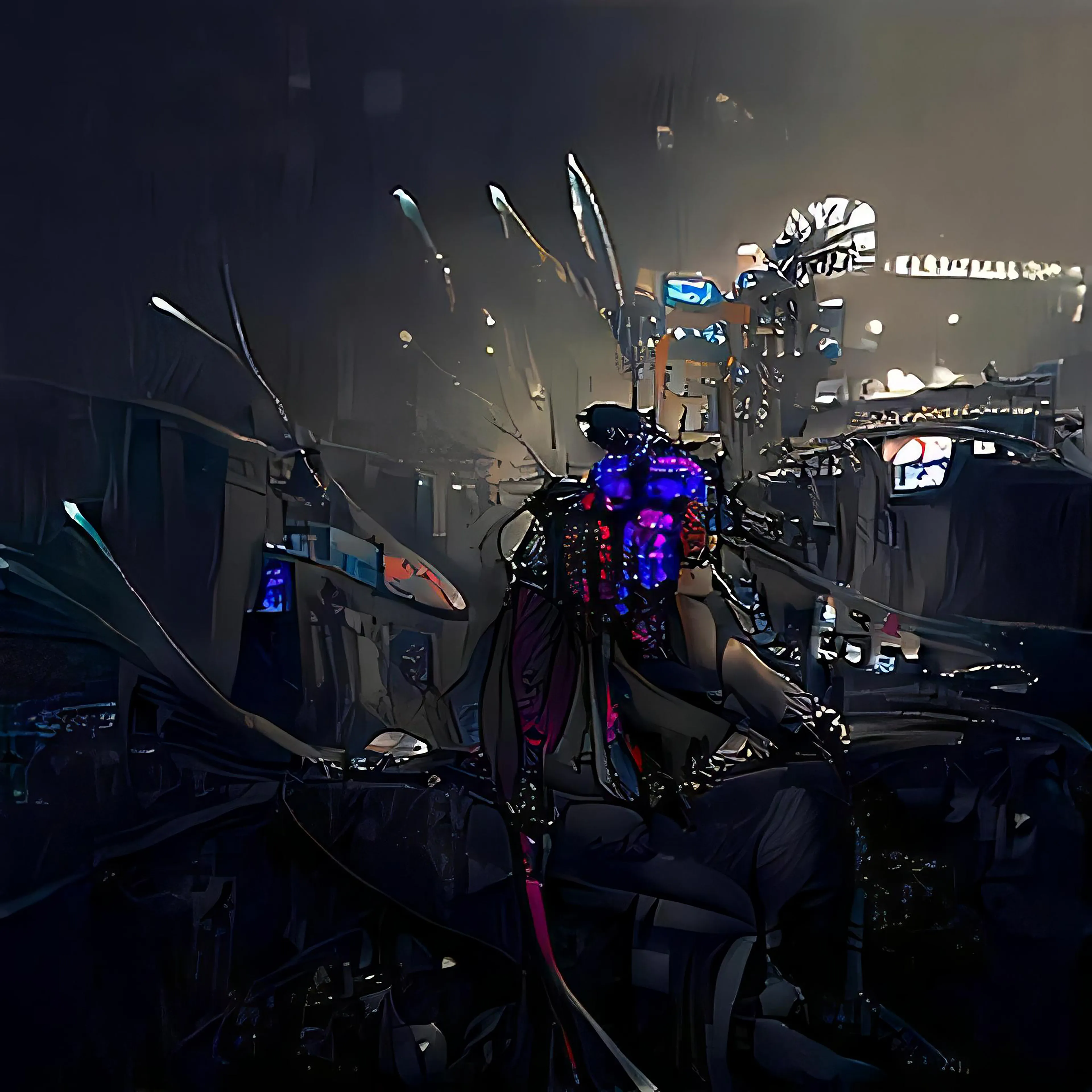 Singularity Stories: Chapter One #9
4000x4000

Created using speech recognition and neural networks trained to transform speech into visuals, based on below input:

Even from the junkyard
the city appeared to dwarf the sky itself.
Charging among the scraps and dirt,
the decomissioned mechanic had found his shelf.