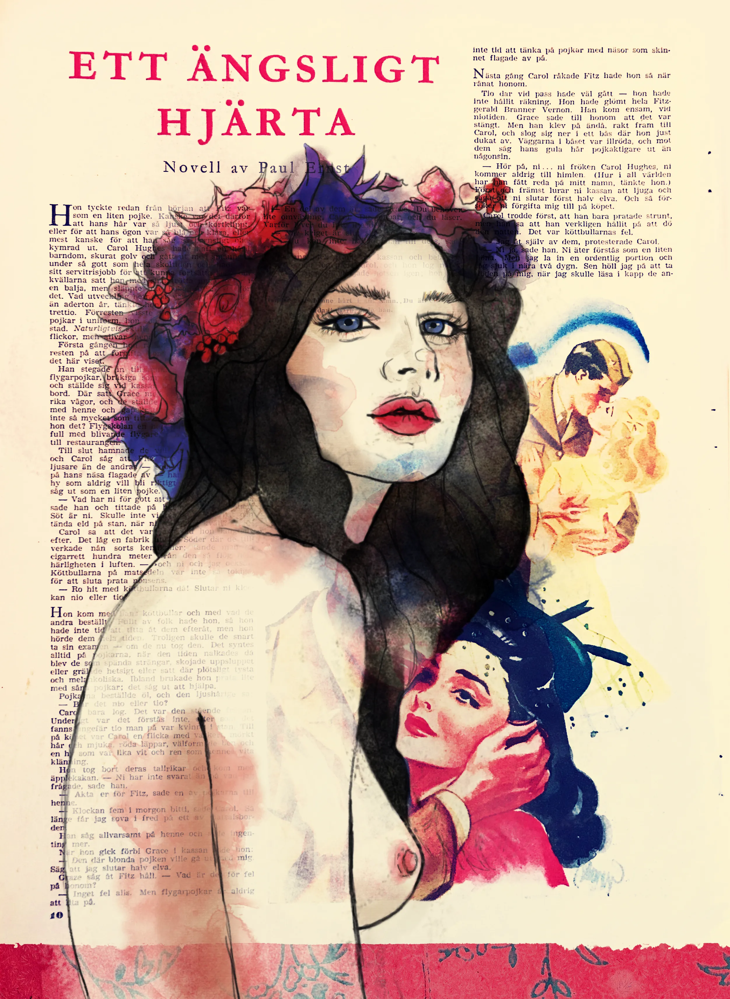 Illustration on a vintage magazine page from 1945 - pencil, ink and watercolor. A mix of traditional and digital. Titel of the page is "An anxious heart". The coloring of the girl is inspired by the season, winter. It is 1 out of 4 seasonal girls.