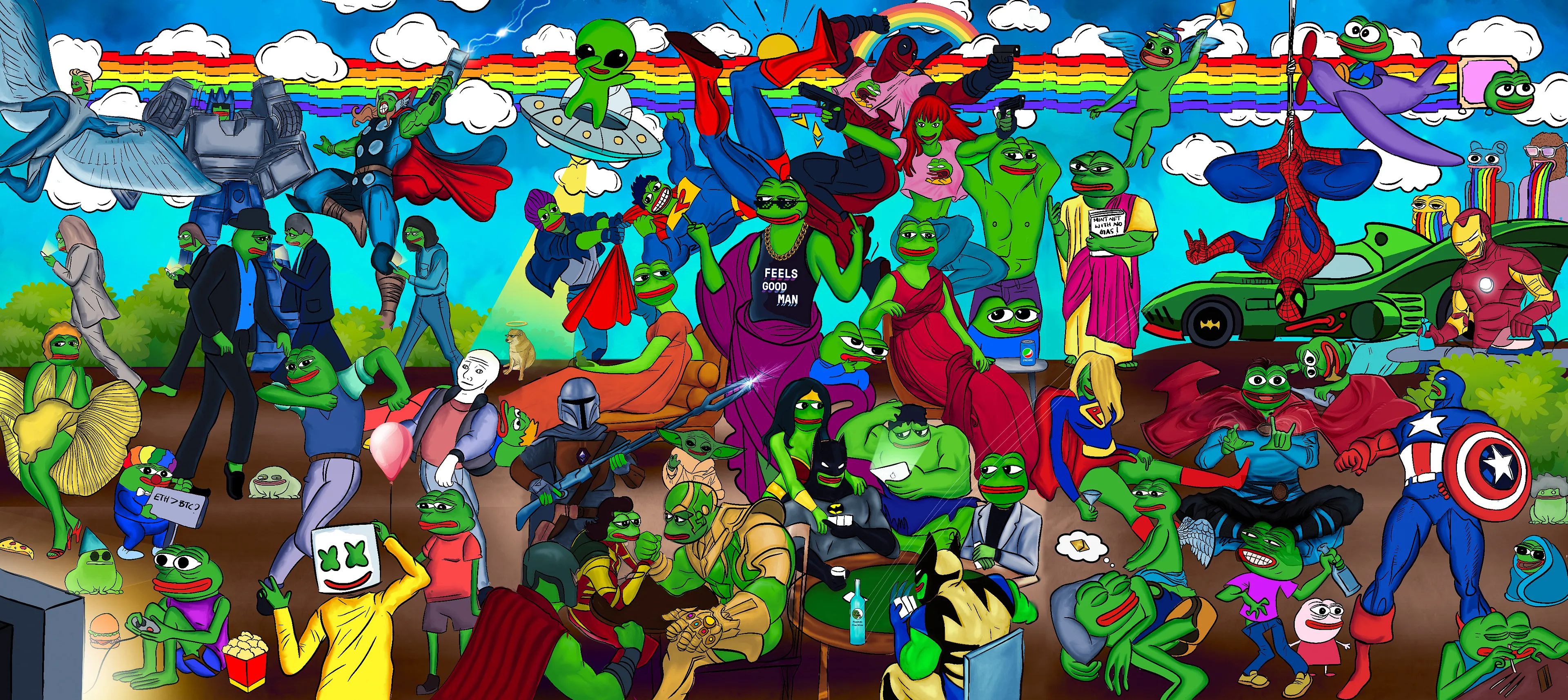 In this artwork, I try to bring in characters from all eras, the three pepes in the center portion derive from three different paintings by famous French artist Jacques-Louis David. In addition to the super heroes and king of pop 'Michael Jackson' , The Beatles - 'Abbey Road photo recreation. I have also added several other characters, but the standout is our special guest Wojak! He looks like he is actually enjoying himself here :)

Dimensions: 4280px x 1910px.  | 400dpi