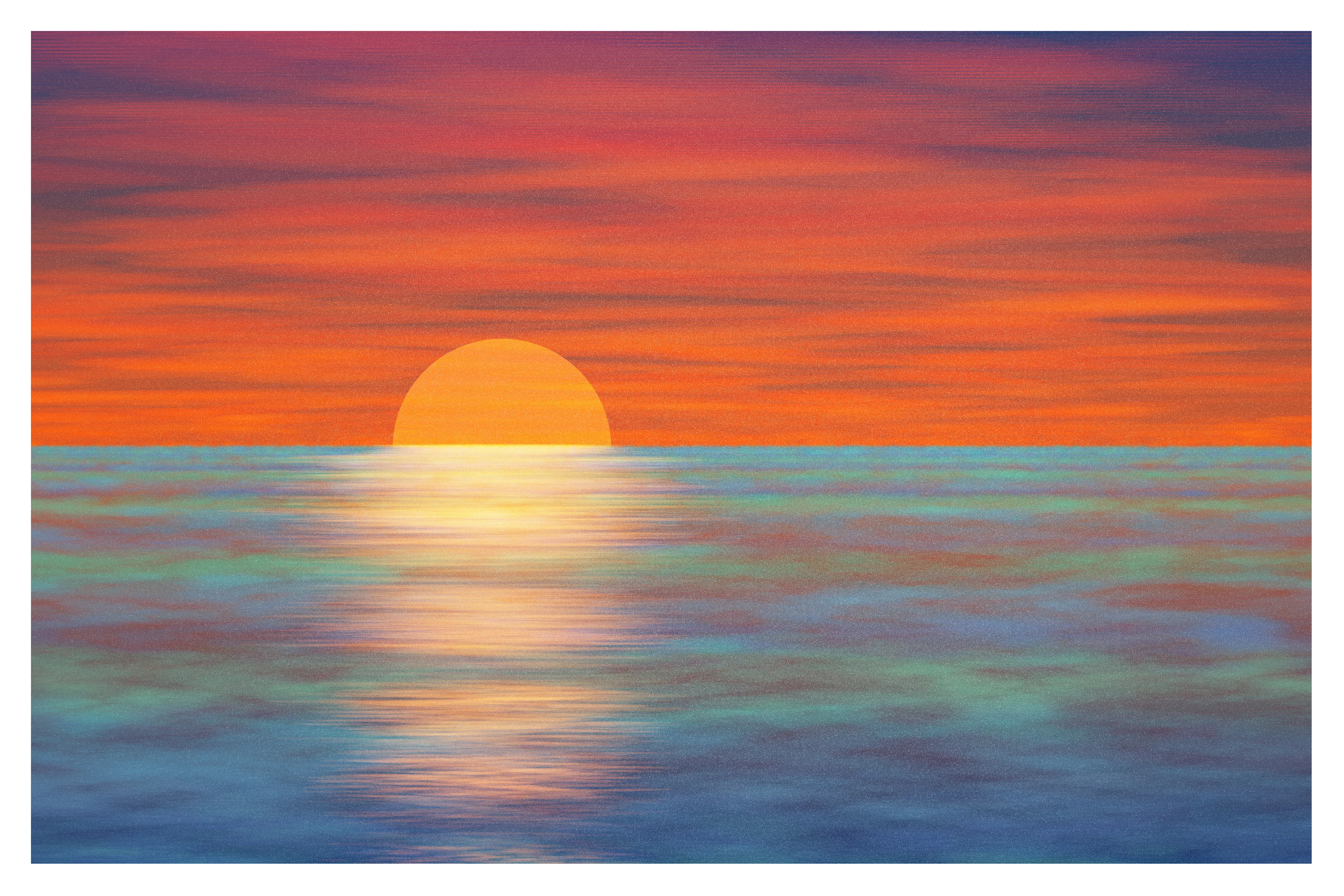 My second render of this oceans series. This generator uses ellipses and generate them on the horizon and squashes them as they descend. they move from left to right according to Perlin noise value. The clouds are made with the same system, albeit going up instead and with different colors. 20x30 inches at 300 DPI.