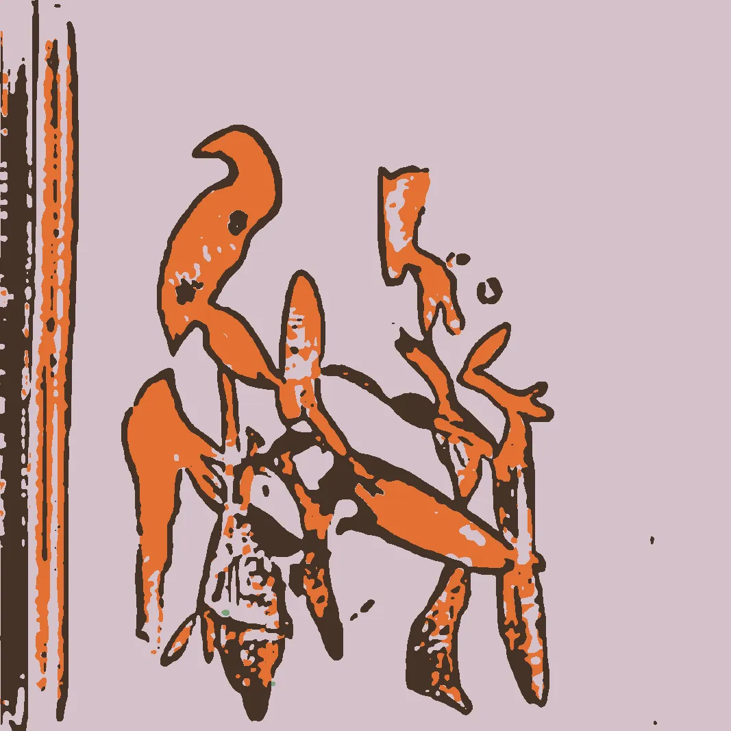 This is part AI, part human analog art, and part human digital art. This piece is generated using a neural generative model (AI) trained on the artist's physical sketchbook. The generation has been re-rendered in a new palette. The physical sketchbook had sketches, doodles, paper cutting, mandalas, zentangles -- often with a brief hand-written description.