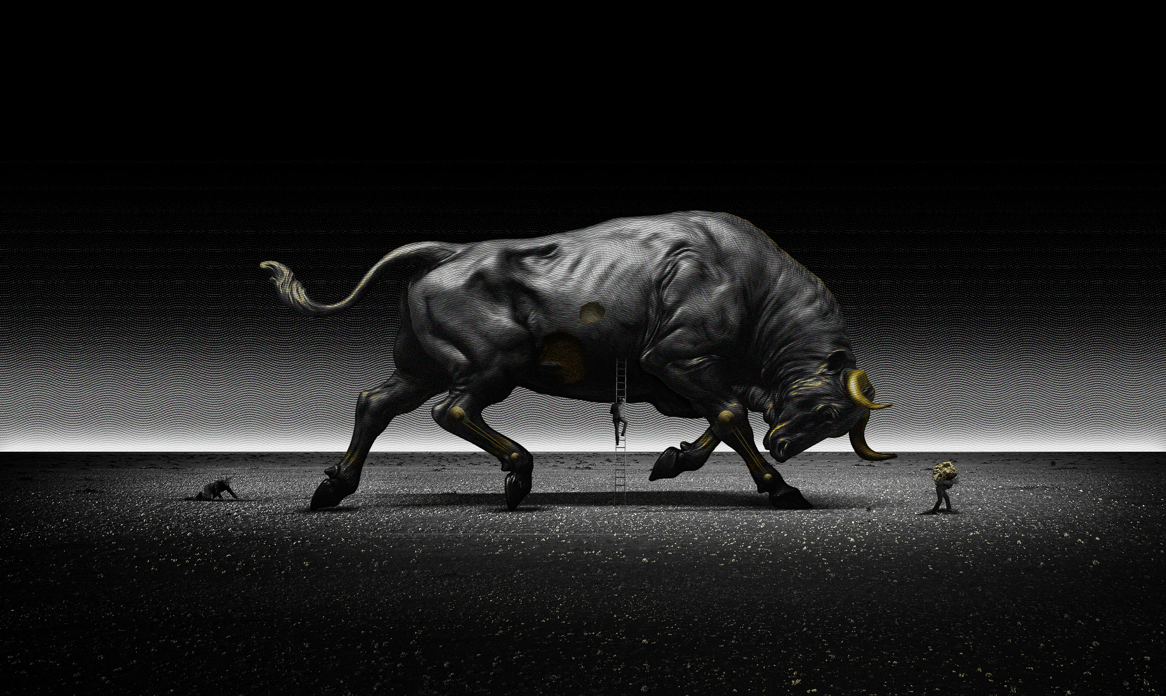 Based on the ‘Bull Run’ of stock/crypto markets.

Three men are depicted in this piece of art, representing three different scenarios. The extreme left man is out of the market and attempting to regain what he has lost. During the Bull Run, the man in the middle has found a way to make it his goal, while the man on the right has already had enough. With his profits gathered and on his way to the next opportunity.

Be a Matador.

Softwares Used: Adobe Photoshop & Adobe Illustrator
Dimension: 5023 x 3000