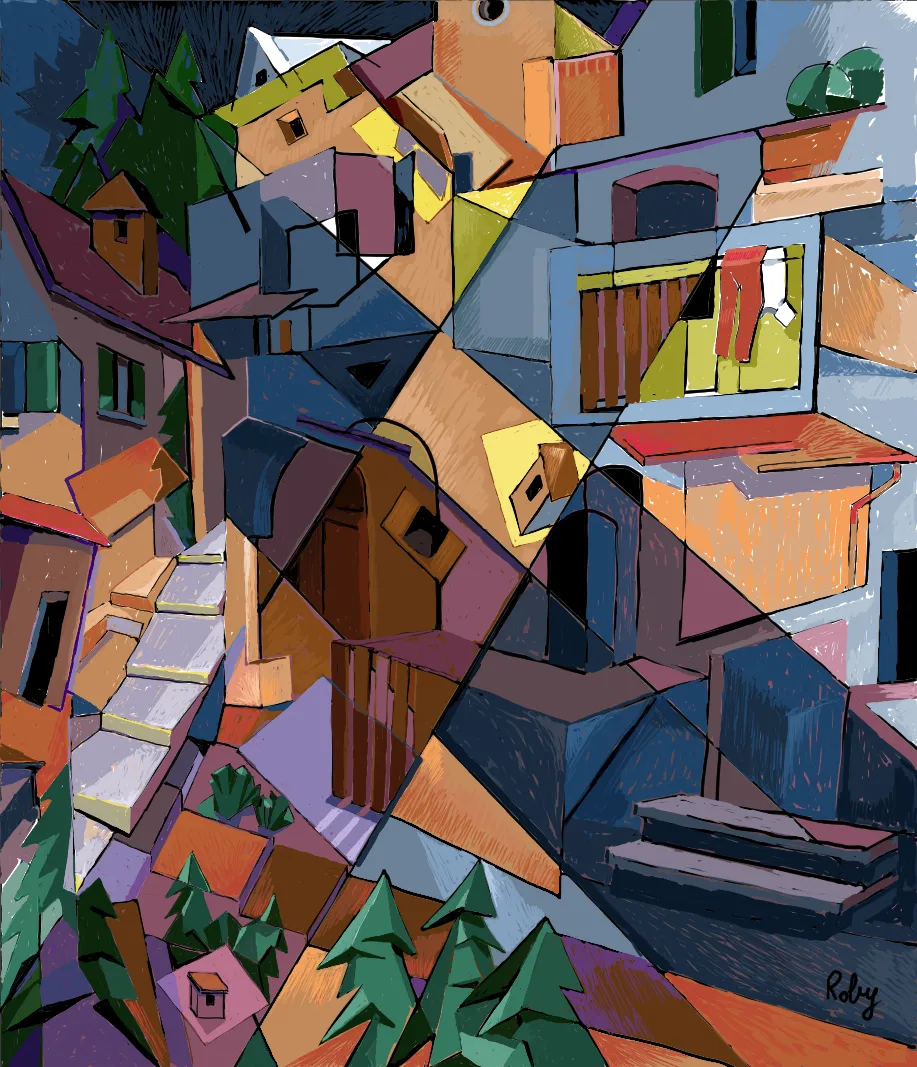 This is the second piece in a series of cubist landscapes. I wanted to give importance to time in this work where you can see the simultaneous presence of day and night.