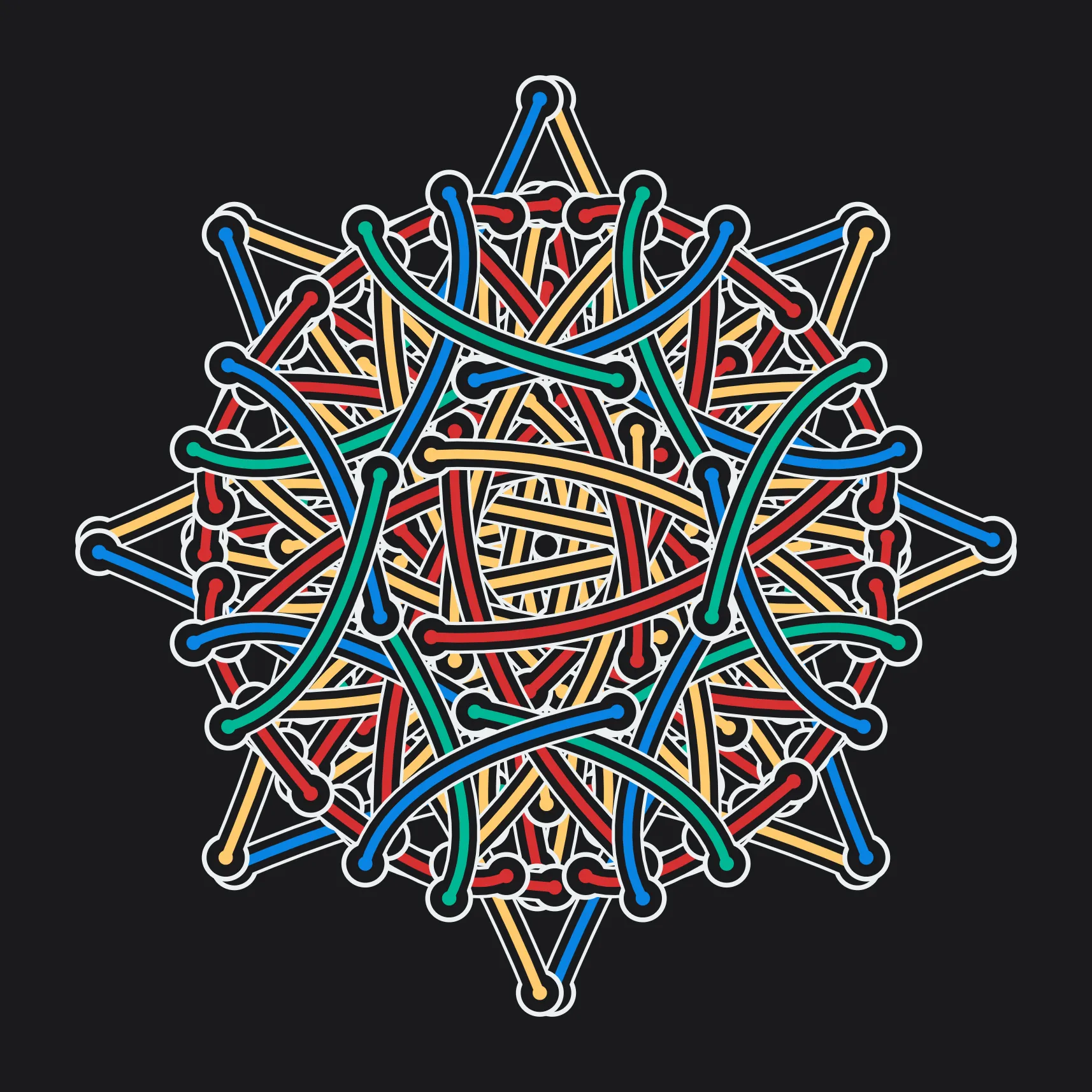 The randomness in this generative art piece has been seeded in a hash string created from a personal message of good wishes to a close friend. Proceeds from this sale will go towards bringing the friend closer to something that is important to them. 

A balance of simplicity and colorful sparks. A balance of structure and spontaneity. A balance of reflection looking back and eagerness looking forward. A celebration. Packaged with a ribbon around it.