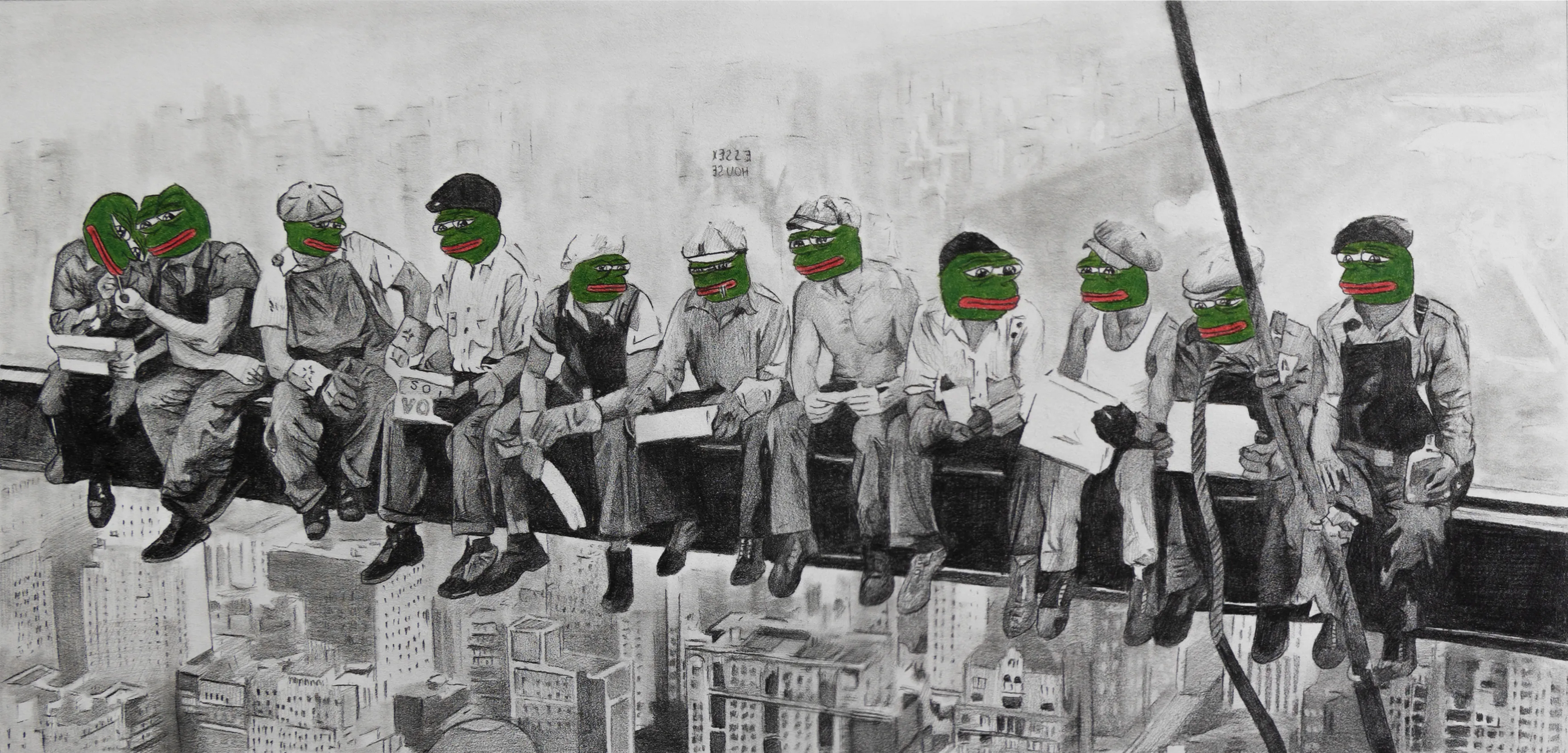My interpretation of a classic photograph.

Done entirely in pencil on paper


"Iconic photograph taken in 1932 of 11 construction workers seated along a crossbeam of the ironwork of the RCA building, 30 Rockefeller Plaza, in Manhattan, New York City, United States."
