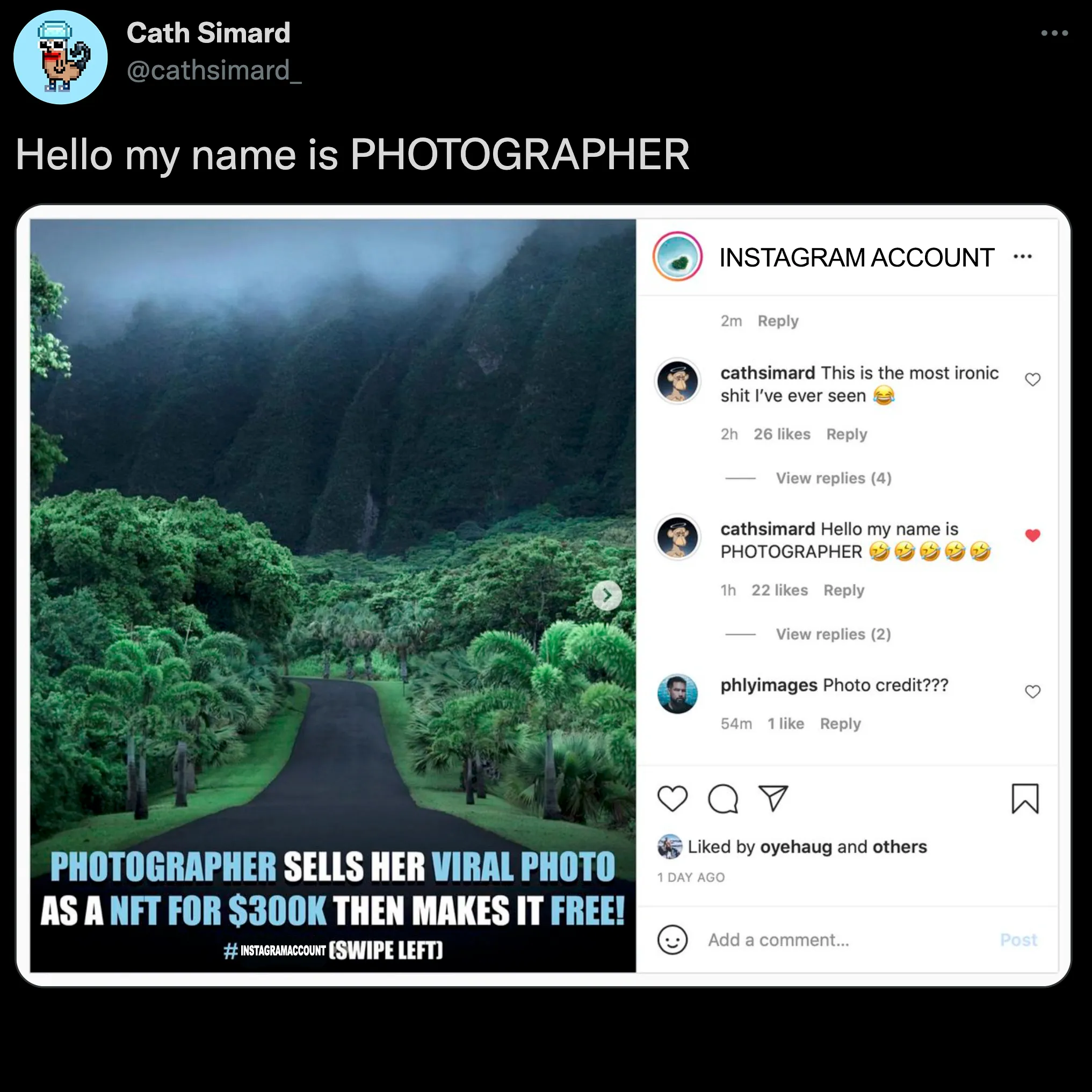 Following the release of #FreeHawaiiPhoto under a ''free'' license, with the help of @gmoneyNFT, this ironic post by an Instagram account with over 21 million followers is an example of how web2 doesn't protect artists.

This NFT is a demonstration of web3 empowering creators.

Learn more about #FreeHawaiiPhoto here: www.freehawaiiphoto.com