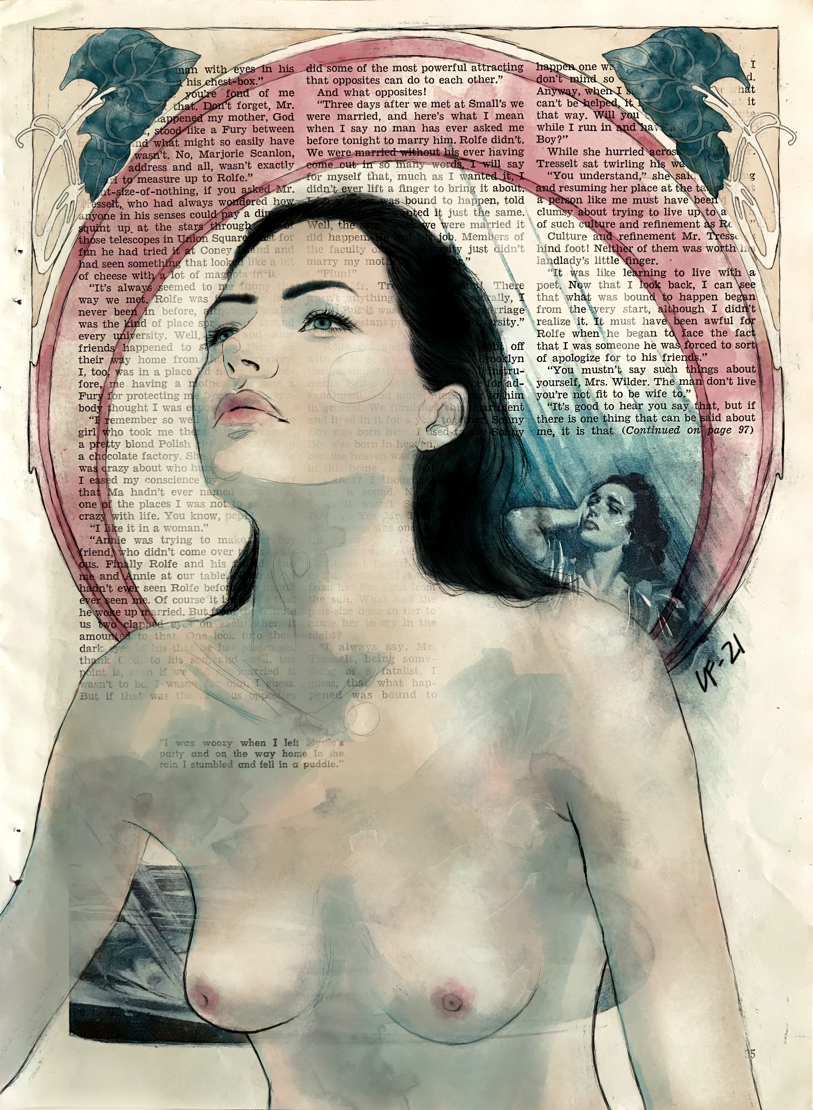 llustration on a vintage magazine page from 1950s - pencil, ink and watercolor. A mix of traditional and digital. Short story about "Mrs Wilder". 2635 × 3597