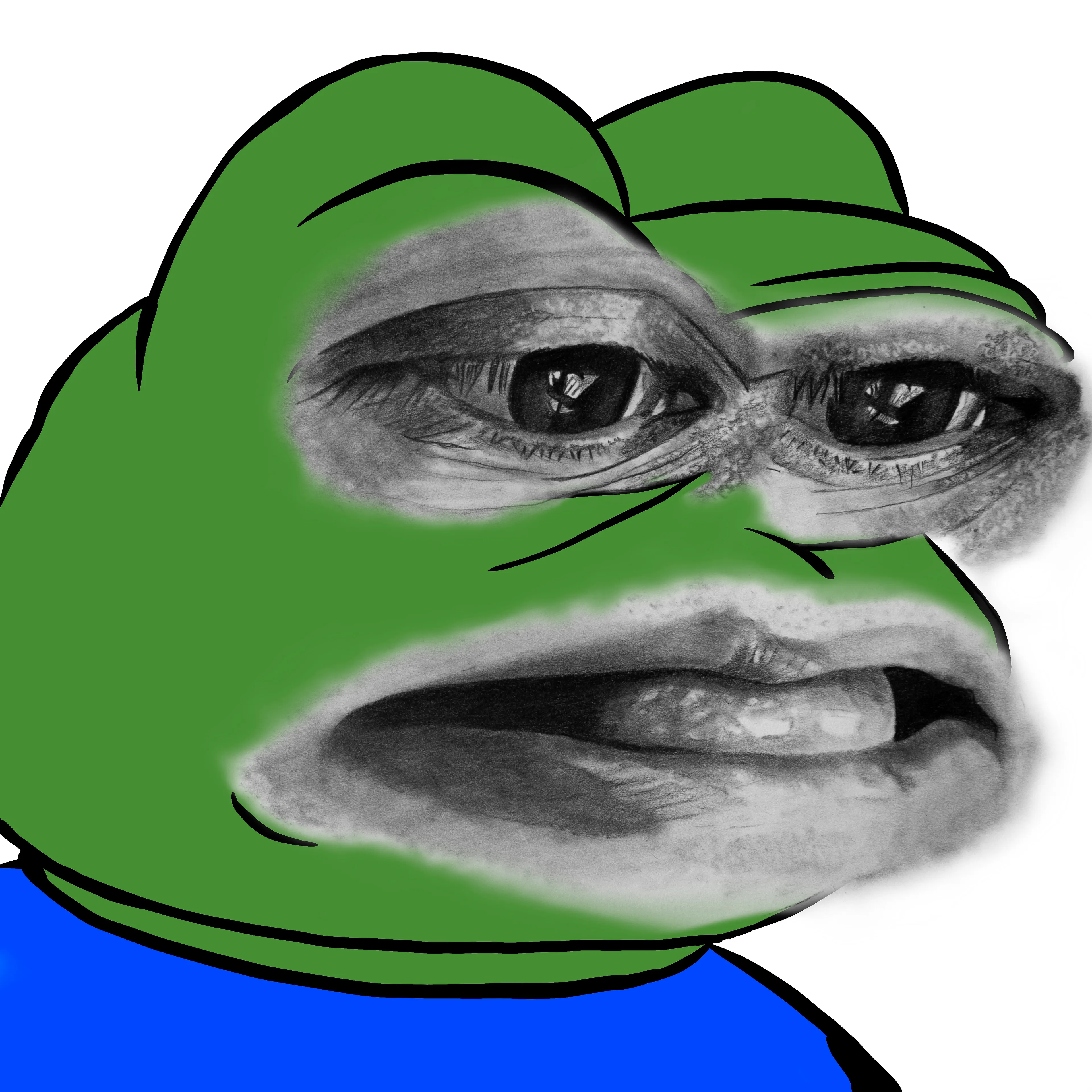 I used photos of my eye and mouth to make my own unique version of Pepe.  And I drew in my own style - black and white realism, pencil on paper.
I think he got even sadder and cuter.

Pencil on paper + digital
5000x5000 px