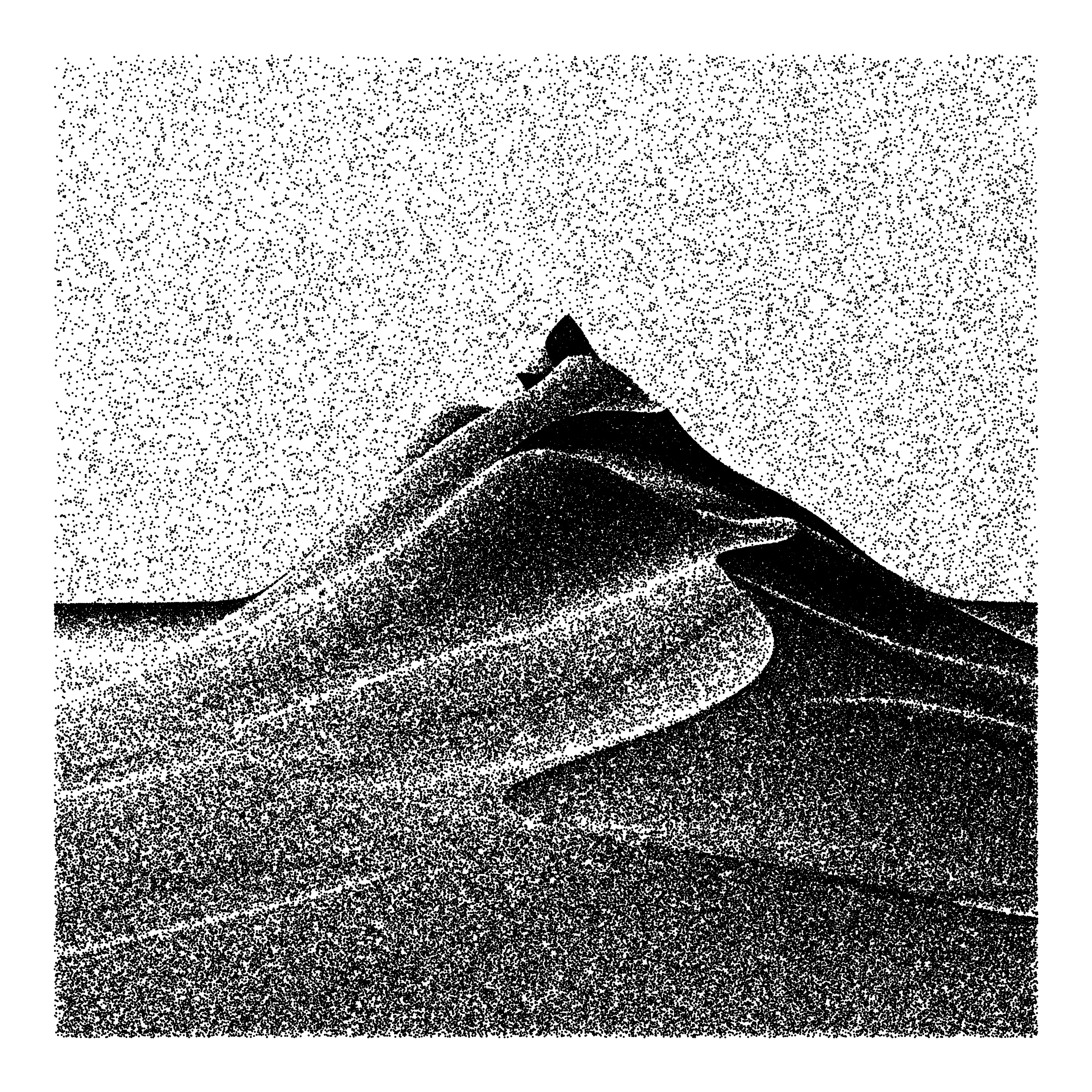 Procedural landscape, rendered using stippled raymarching. This is one of the early outputs from the program that would later become my rayhatching framework. Written entirely from scratch in JS without external libraries. PNG 9001x9001 pixels. Created in October 2021 by Piter Pasma.