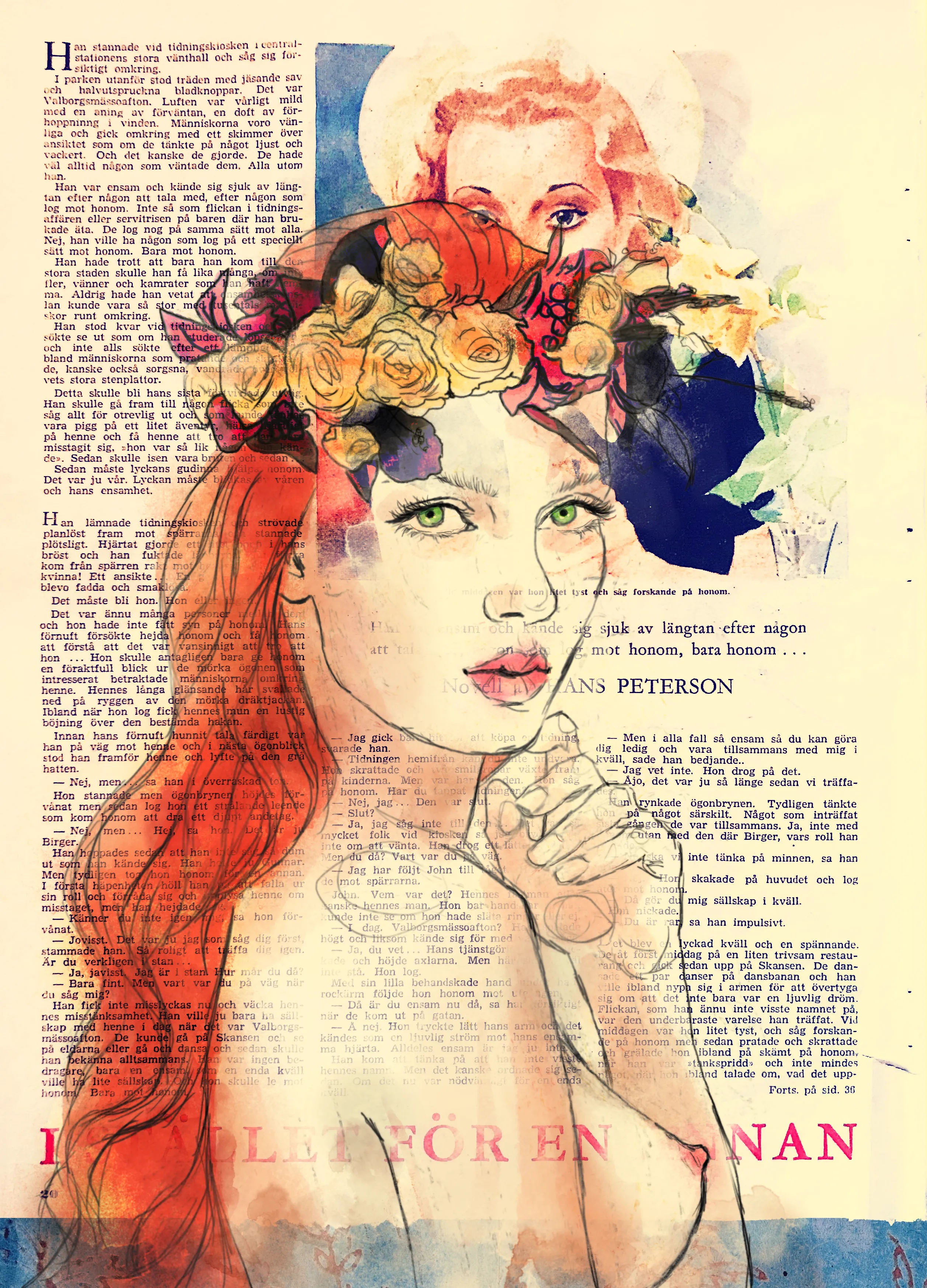 Illustration on a vintage magazine page from 1945 - pencil, ink and watercolor. A mix of traditional and digital. Titel of the page is "Instead of someone elsee". The coloring of the girl is inspired by the season, spring. It is 1 out of 4 seasonal girls. Size is 2514x3492