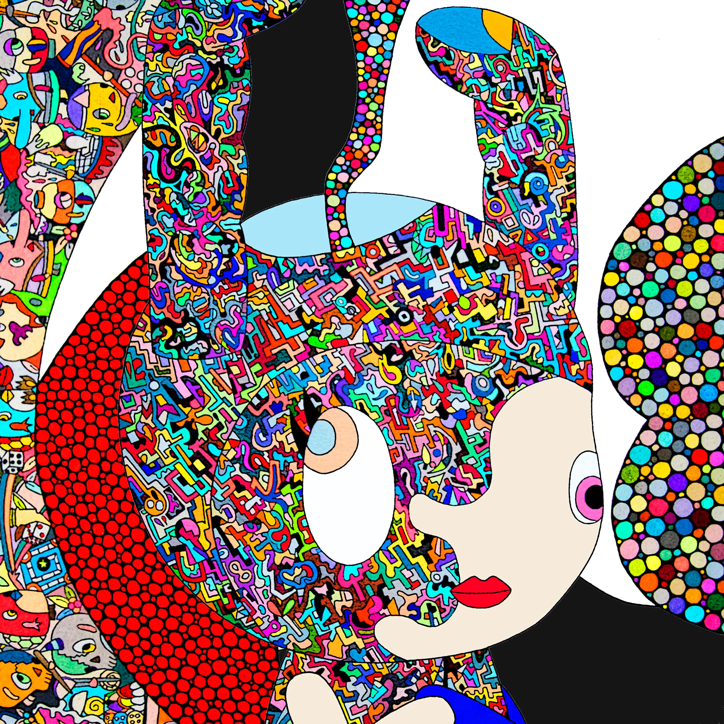 This work is drew lines on paper with a pen and handcolored with colored pencils. After that, I edited it digitally.

Colored pencil and pen on paper, digital edit
2021
2500×2500px