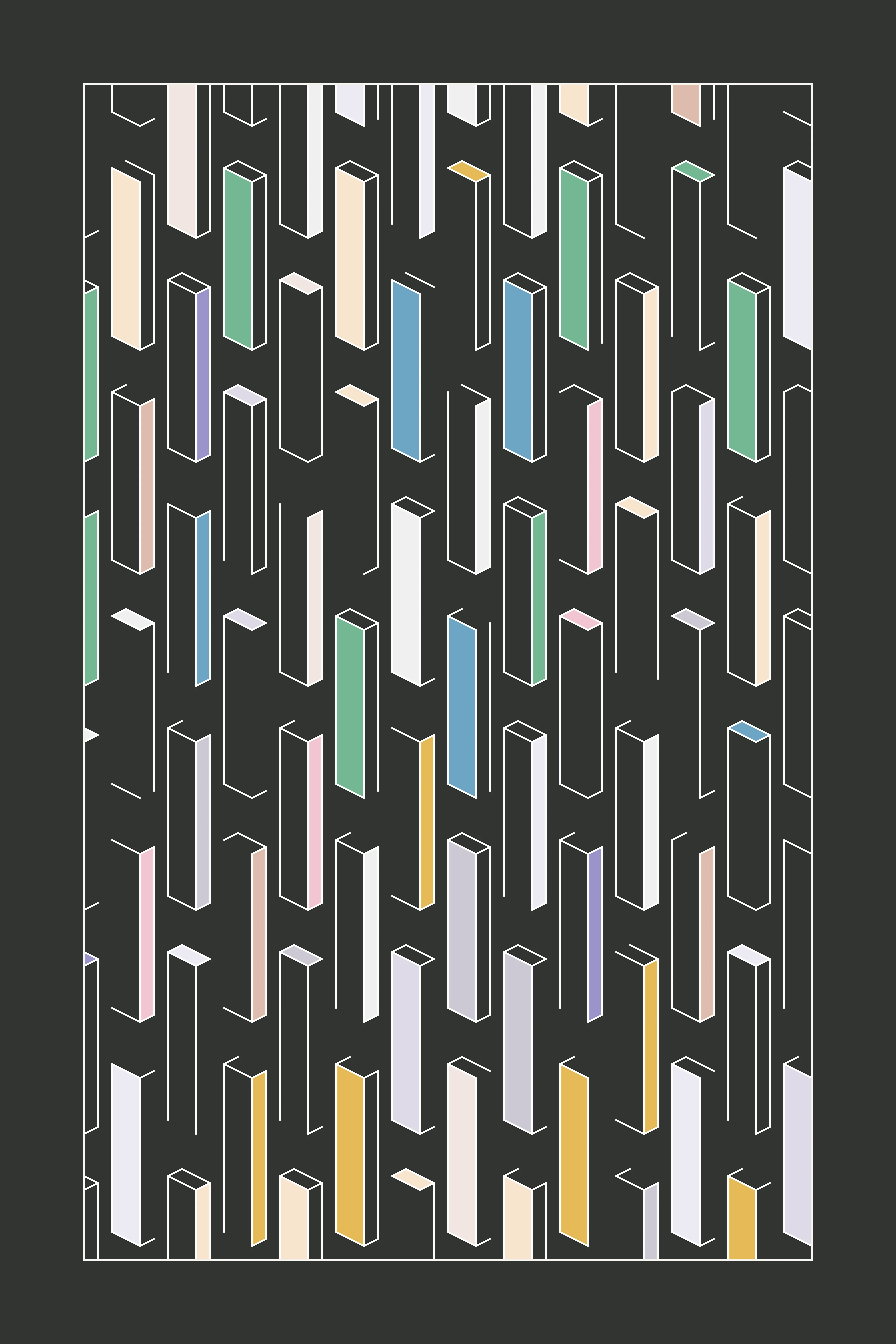 Incomplete, isometric structures organized repetitiously in a grid. The Pillars series 2 has a minimalistic expression and consists of a four-piece set generated by code with either a random distribution of colors or monochromatic colors.

Colors from Matt DesLauriers' paper-colors set. 

PNG 8192 × 12288