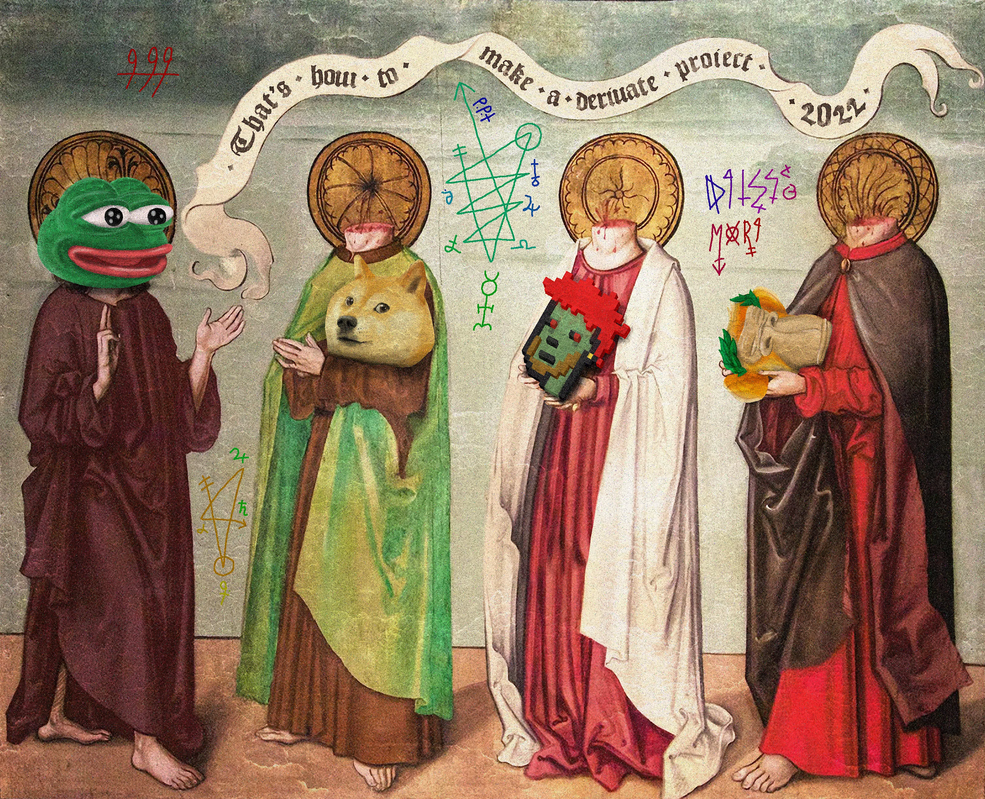 Memophory, literally “Meme-carriers” in Greek, is the most meaningful and dramatic evidence of a Meme triumph over death. A manifest that derivates would born and die but the memes are true immortals that would live forever.
A special collaboration between two frens to capture a major derivate trend and an attempt to explain how derivates work from a memephysical point of view.