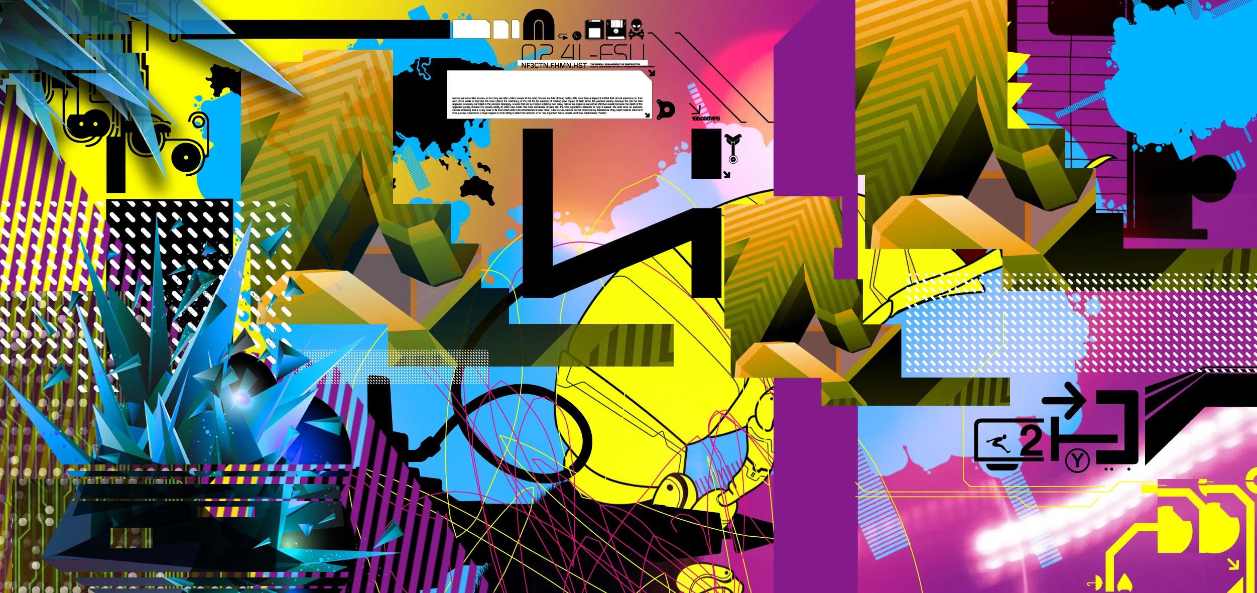 Tangerine, Magenta, Yellow, Cyan + Black vector art. 
Gradient Background. Dashed pattern overlay, with random pen scribbles.

⁰²⁴¹−🅕🆂🅄⬈⬀
2504 × 1181 JPEG image
