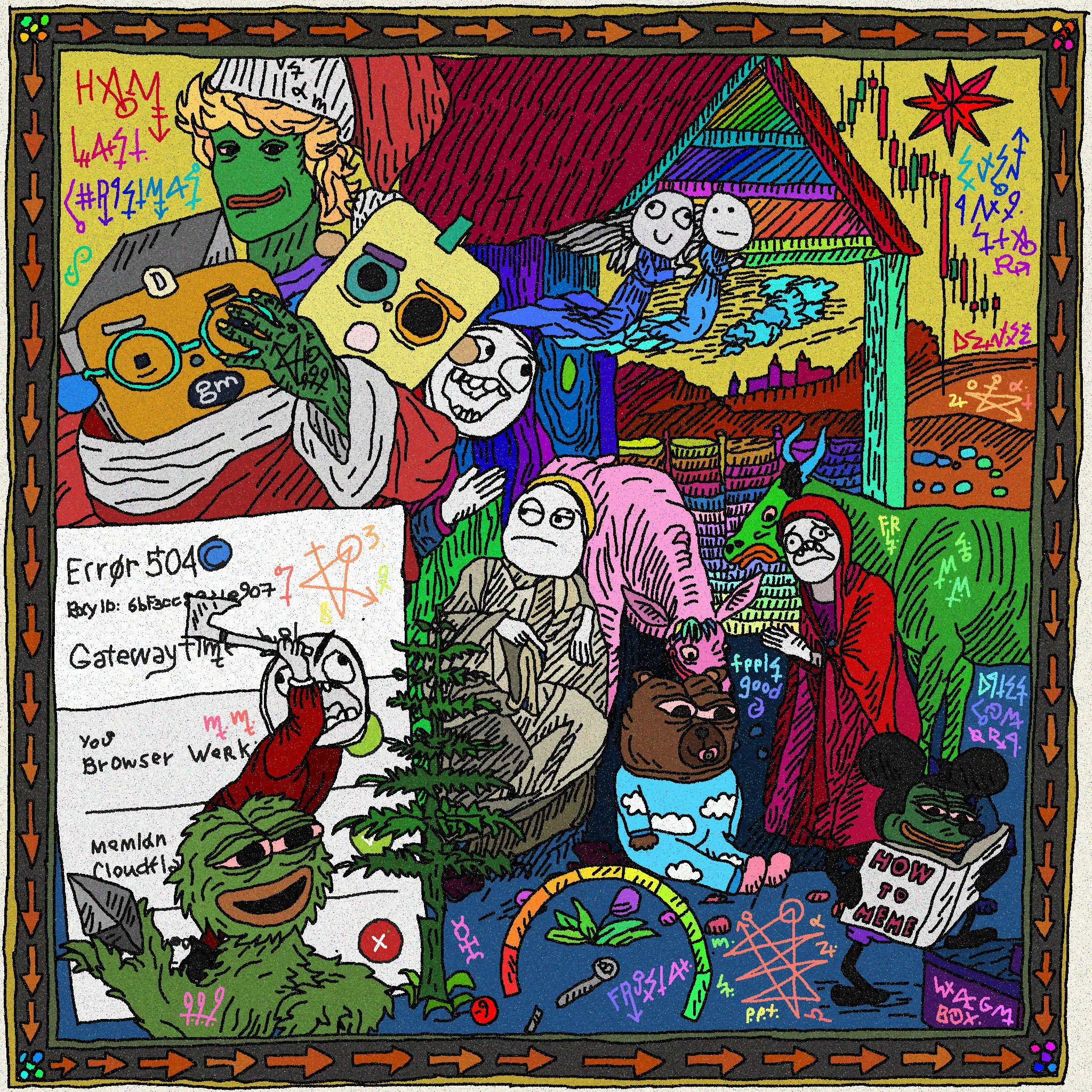 Special X-Mas 1/1 page for a Grimemeire enriched with death series about memethology.
Hermetic Law 3.0 gave us simple wisdom – 'Meme is art and Art is Meme, Meme is Life and Life is Meme, Meme is Internet and Internet is Meme. Who controls the memes, controls the Universe.'
We capture memes and collect, we value them as dense n strong as our precious anonymity and nobodiness.

"Tis sent to announce the newborn King" 
We've gathered together for Hamageddon celebration. We collect, we enrich, we preserve. Happy Hamageddon, frens.