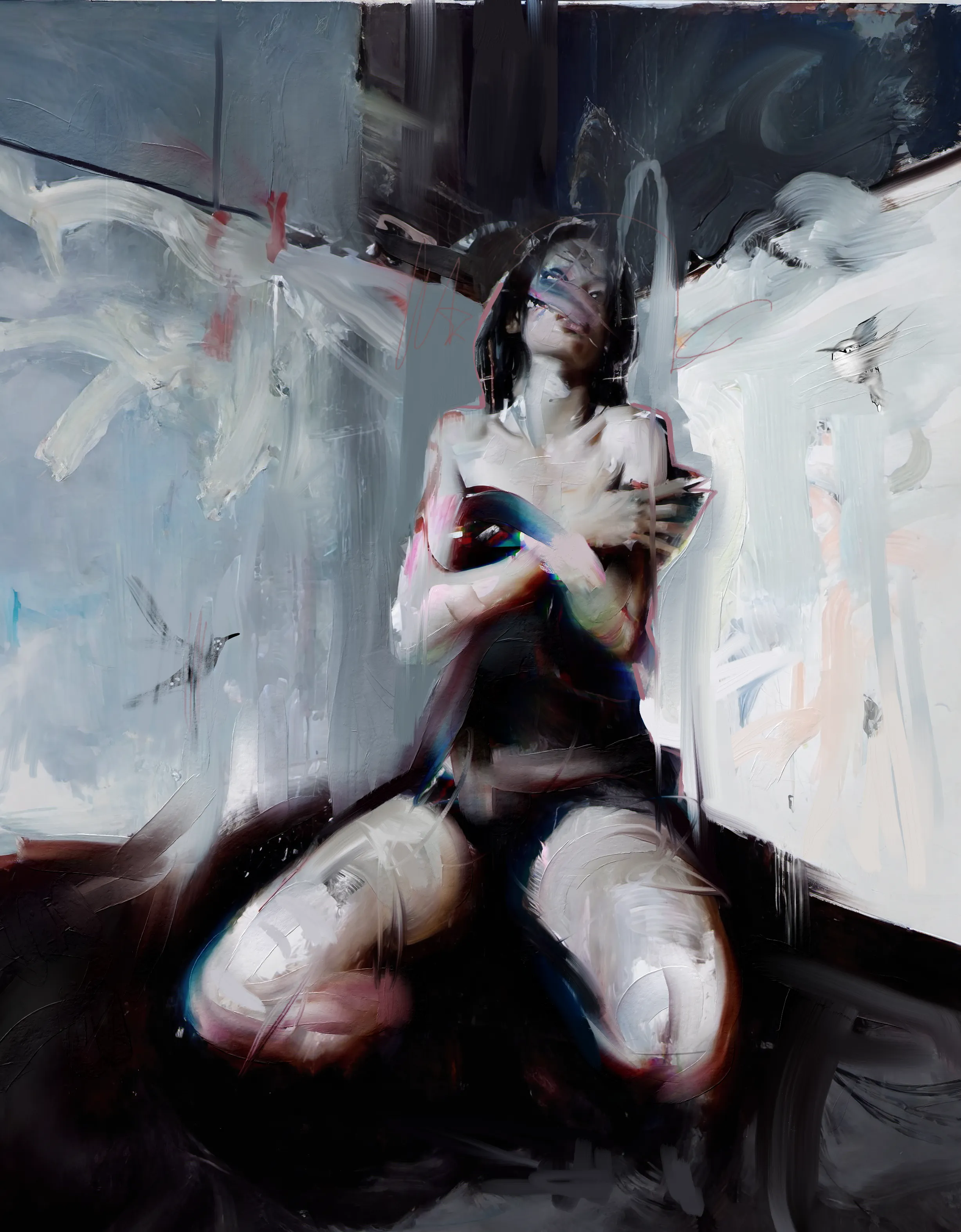 AI + digital painting. 

This corner - negative space, a cold refuge. Screens lit with primal chaos, minds regressing into metal, isolating flesh. Birds swarm chaotic, scribbles of trauma, repression, alienation. A dirty physicality fragments the self so thin it dissolves into particles floating through veins once connected, now dissociated.

No concept left of humanity or anatomy or instinct, just spasms of digitized impulses overwhelming the last grasps at life and intimacy. Wombs become tombs, corners become corridors where personhood disappears. Pixels stare back meaninglessly, thoughts reduced to incoherent babble in this electric trauma.

A dissociative haze of technological oblivion. But under the surface, a scream echoes still, longing for the primal and intimate connections severed. Fragmented selves reaching out through the void, grasping at meaning and coherence, trying to re-become human.