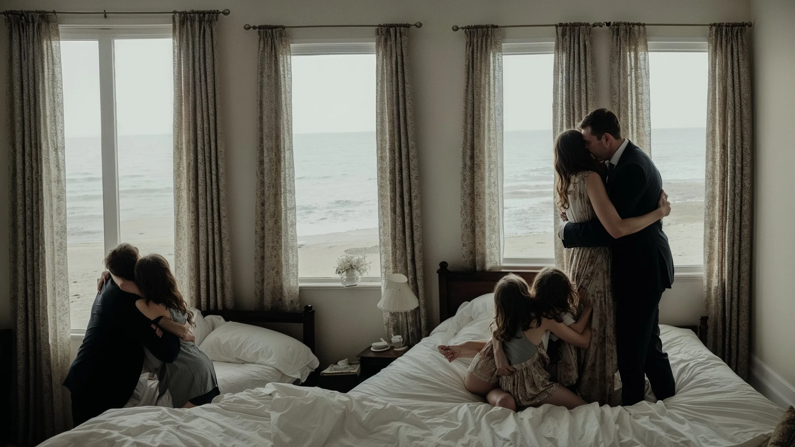 Part of the evocative "The Crossing" collection, "Embrace by the Sea" is an image that captures a private moment of tenderness and connection amidst a family setting. Two scenes of affection are quietly juxtaposed within a room that overlooks the ocean; the soothing presence of the sea visible through the windows serves as a silent witness to these intimate exchanges. One couple embraces by the window, lost in a moment that seems to pause time, while on the beds, children cling to an adult, seeking comfort or sharing a gentle touch. The room's soft, muted colors and the gentle light streaming through the curtains create an atmosphere of peaceful seclusion. This image speaks to the enduring strength of familial bonds, the comfort found in shared solitude, and the profound experiences that often precede a journey or significant change—a hallmark of "The Crossing" series.