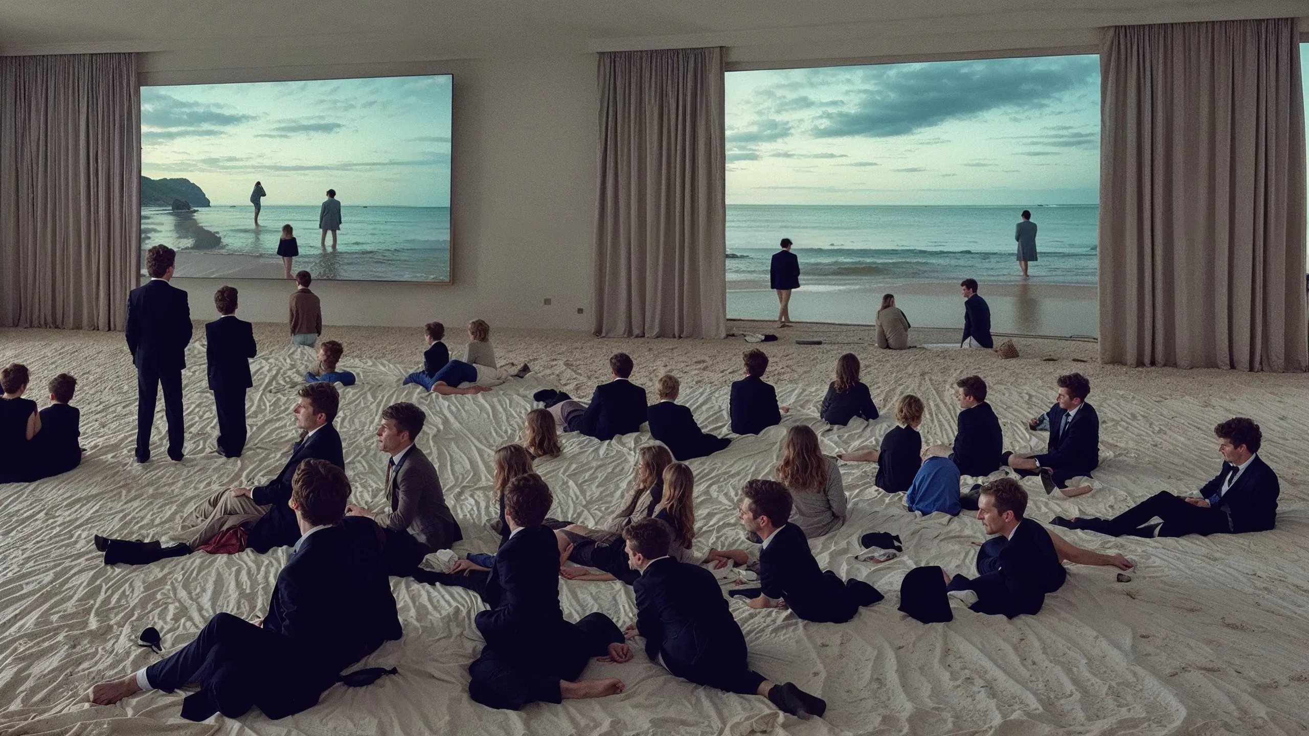 This thought-provoking piece from "The Crossing" collection showcases a room transformed into a sandy beach, blurring the lines between interior and exterior spaces. A group of individuals in formal attire is dispersed across the sand-covered floor, their postures reflecting moments of reflection and introspection. Dominating the scene are expansive windows that frame views of the sea and the sky, along with large-scale photographs that echo the natural vistas, creating a layered perception of reality. The individuals, some gazing towards the windows, others towards the photographs, seem to be engaged in a silent dialogue with the imagery of the sea, a metaphorical representation of life's vastness and the multitude of paths it offers. This piece captures the essence of "The Crossing" as a moment of pause and contemplation before embarking on life's next voyage.
