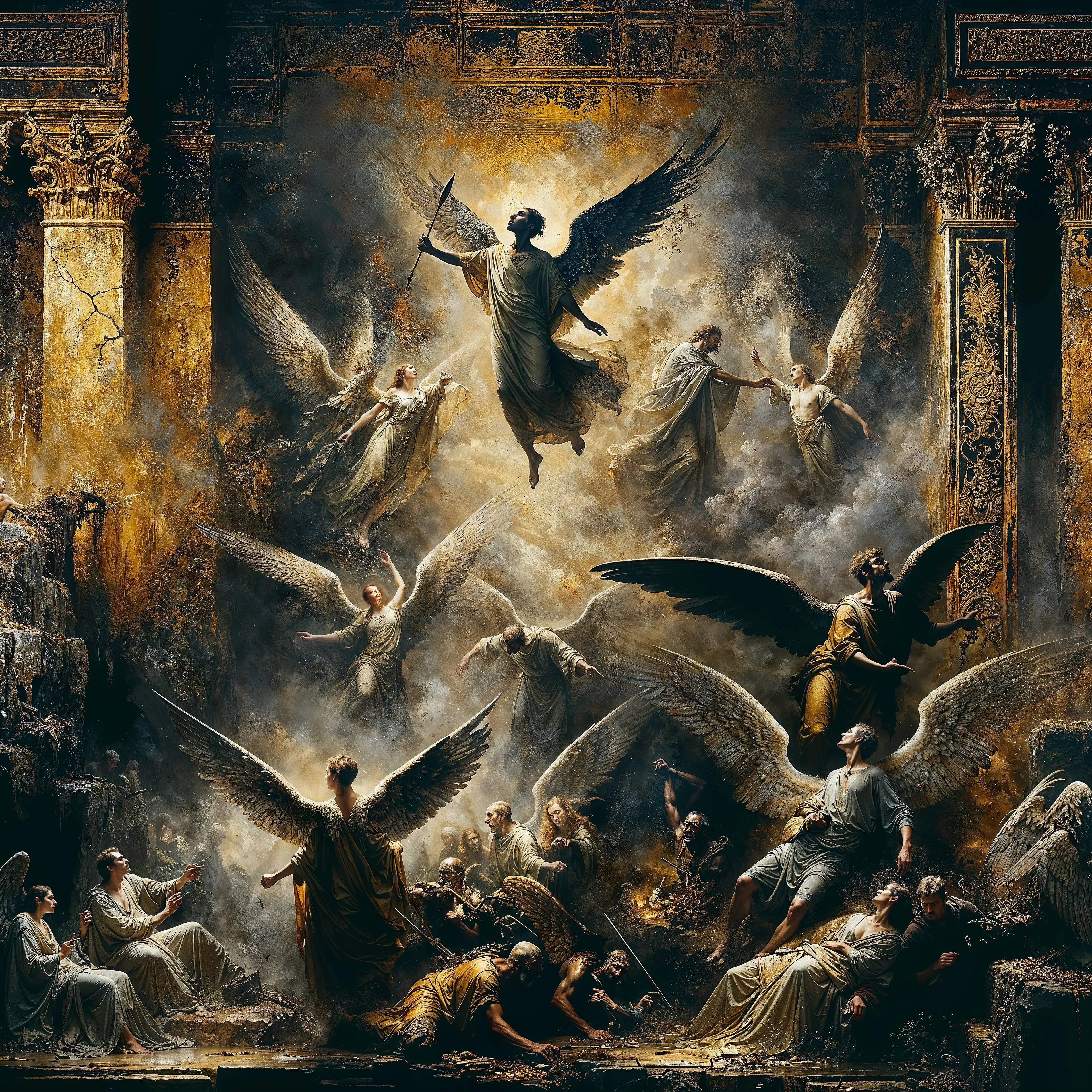 The image captures a scene of the mythic narrative of "The Fall of Troy" where divine intervention plays a crucial role in the destiny of the city and its inhabitants.  
 
In the myth, the gods and goddesses are deeply involved in the conflict, often guiding and manipulating the human characters. 
This piece symbolizes the gods and goddesses as they take sides and intervene in the battle, leading to Troy’s eventual downfall.

It reflects on the theme of fate and the divine manipulation of human lives, which are pivotal in the Trojan saga. 

4096 x 4096 px  
AI + Digital Paint by SaeedSh.  
