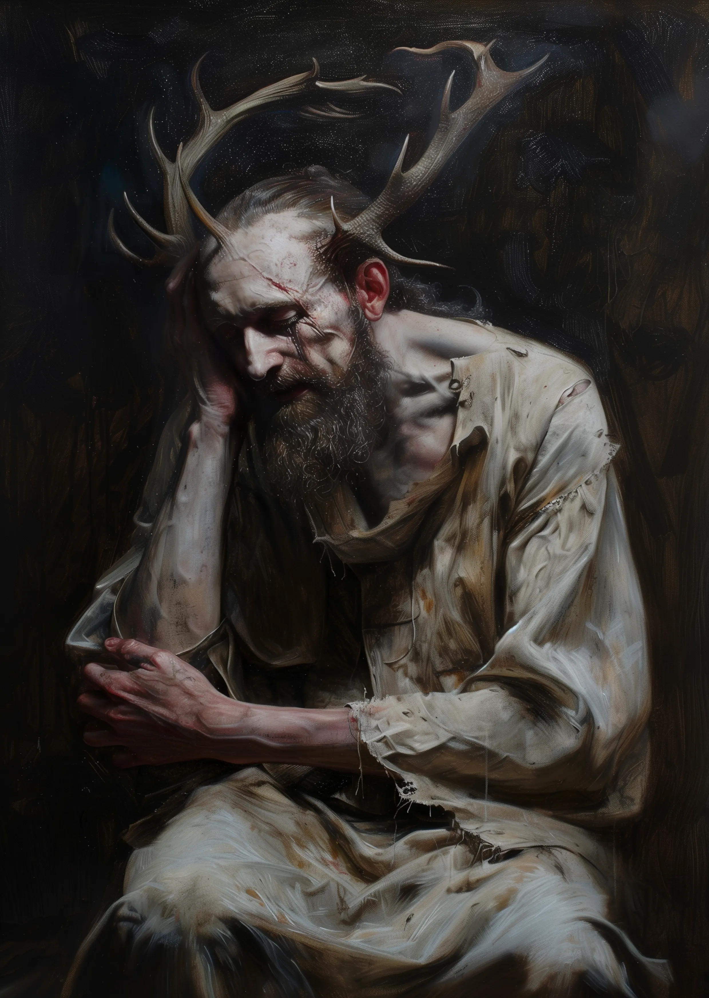This piece showing the internal struggle with the shadow self.

A metaphor for the Jungian psychology concept of facing the shadow self: embracing and integrating the repressed, ignored, or undeveloped parts of one's psyche. 
It highlights the necessary pain and struggle involved in such a journey, a path that ultimately leads to psychological growth and a fuller understanding of oneself.

2479 x 3486 px  
AI-Generated by SaeedSh.