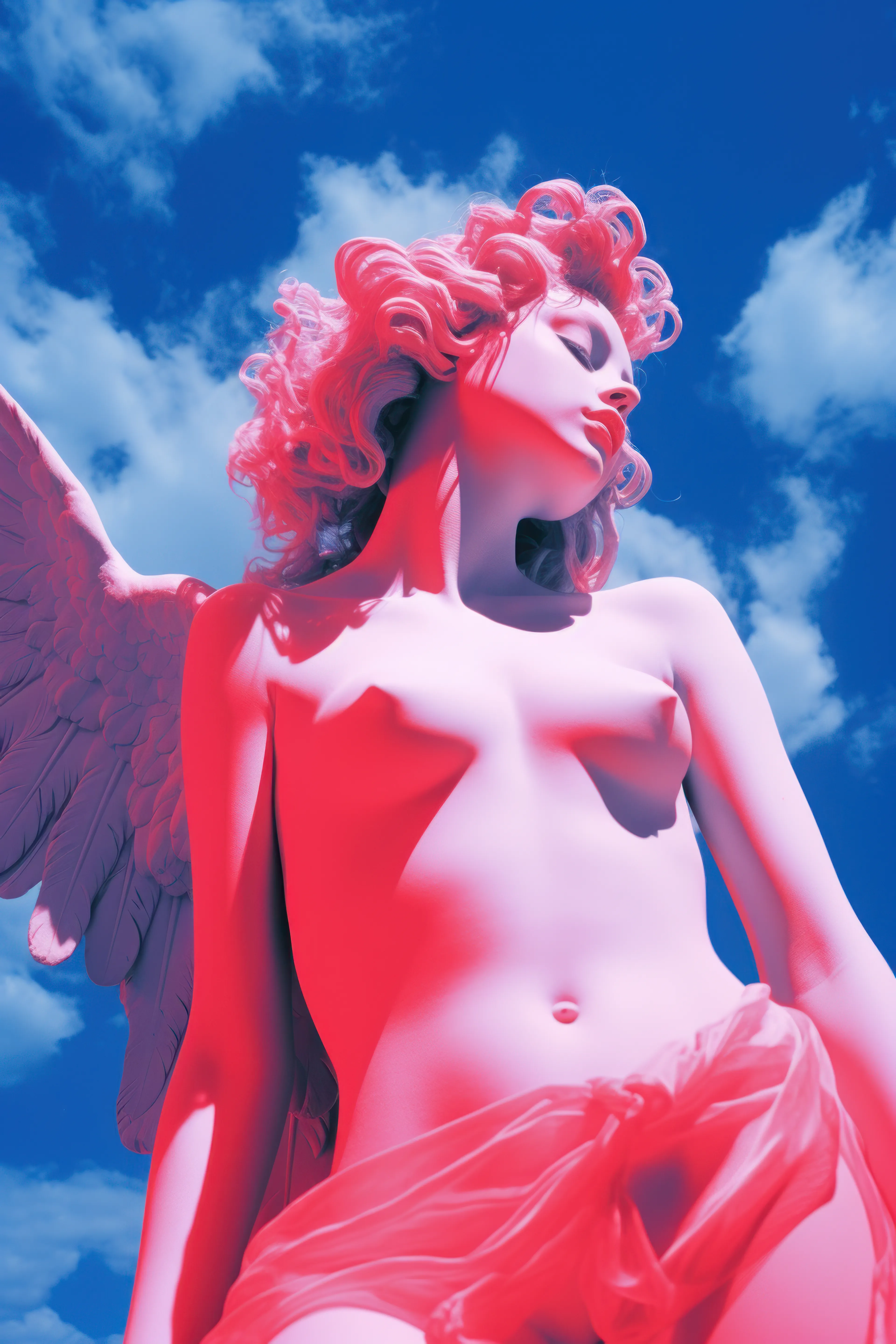 "Aphrodite's Ascension" is an AI-generated piece that transports viewers to a world of divine beauty. 
Set against a backdrop of serene blue skies adorned with soft, billowing clouds, a luminous female figure emerges with an aura of ethereal grace. 
Her skin, kissed by the gentle hues of dawn, shimmers like pearls. 
With a head gracefully tilted, she gazes towards the heavens, while a solitary wing rests upon her right shoulder, symbolizing transcendence and celestial connection. 
This artwork captures a moment of divine transformation, inviting us to contemplate the timeless allure of mythology and the eternal dance between mortal and divine.

5376 x 8064 px
