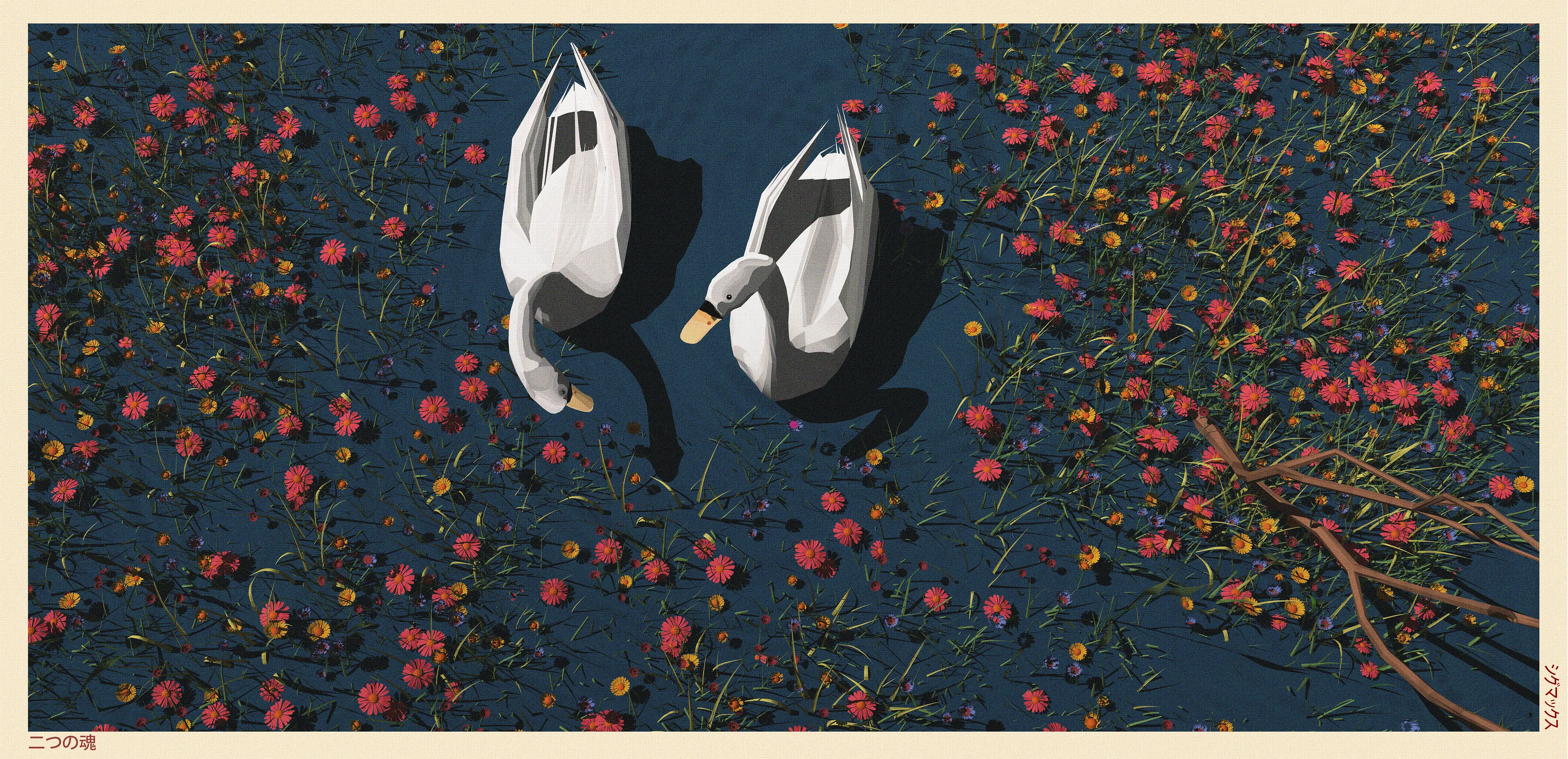 We float together in these quiet waters,
Side by side through blooming days.
How easy to miss what matters—
Your presence, steady in countless ways.

Like branches that cut across our path,
Life brings its share of rough and strain.
Yet we navigate with gentle wrath,
Two white shapes in flower-filled terrain.