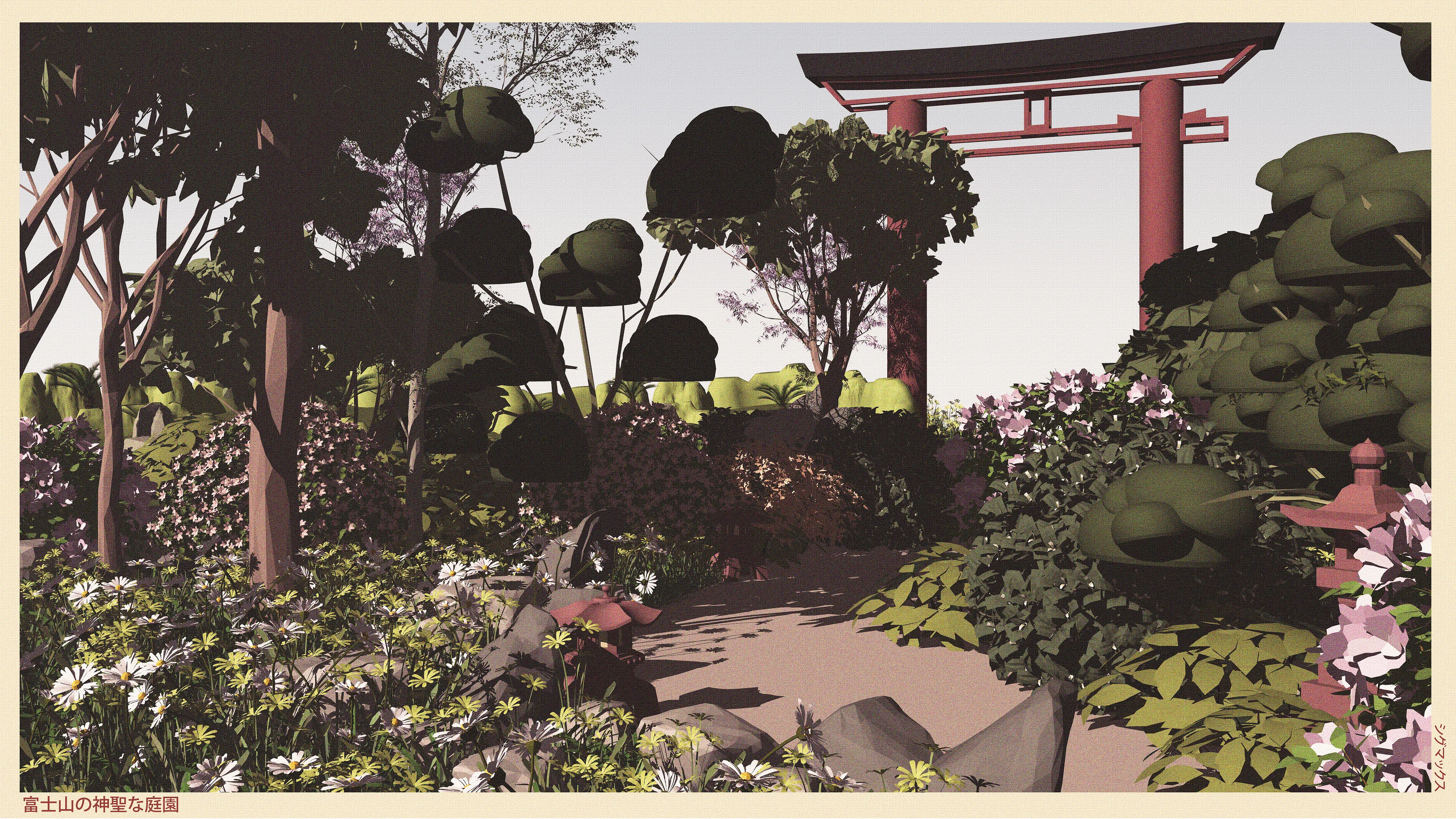 In Ensō - The Incomplete Circle of Spiritual Journey, I sought to capture that delicate space where two worlds meet. The traditional red torii gate stands not just as a physical marker between realms, but as a threshold we all cross in our moments of contemplation.
The garden path winds deliberately, never revealing its full course at once—much like our own spiritual journeys. I chose each element with purpose: the steadfast daisies reaching toward light, the rounded forms of foliage creating rhythm and balance, the soft pink blossoms adding gentle warmth to the composition.
Drawing inspiration from ukiyo-e's "floating world" tradition, I wanted to evoke that fleeting, transient beauty we often miss in our hurried lives. The digital medium allowed me to honor these traditional aesthetics while speaking in a contemporary visual language.
Like the ensō circle itself—intentionally left incomplete—this garden scene reminds us that perfection lies in embracing imperfection, and that our spiritual paths remain beautifully unfinished. This work invites you to pause, breathe, and recognize that the boundary between the everyday and the sacred is thinner than we realize.
Between Two Worlds isn't just a place I've imagined—it's that quiet space we all carry within us, waiting to be discovered.