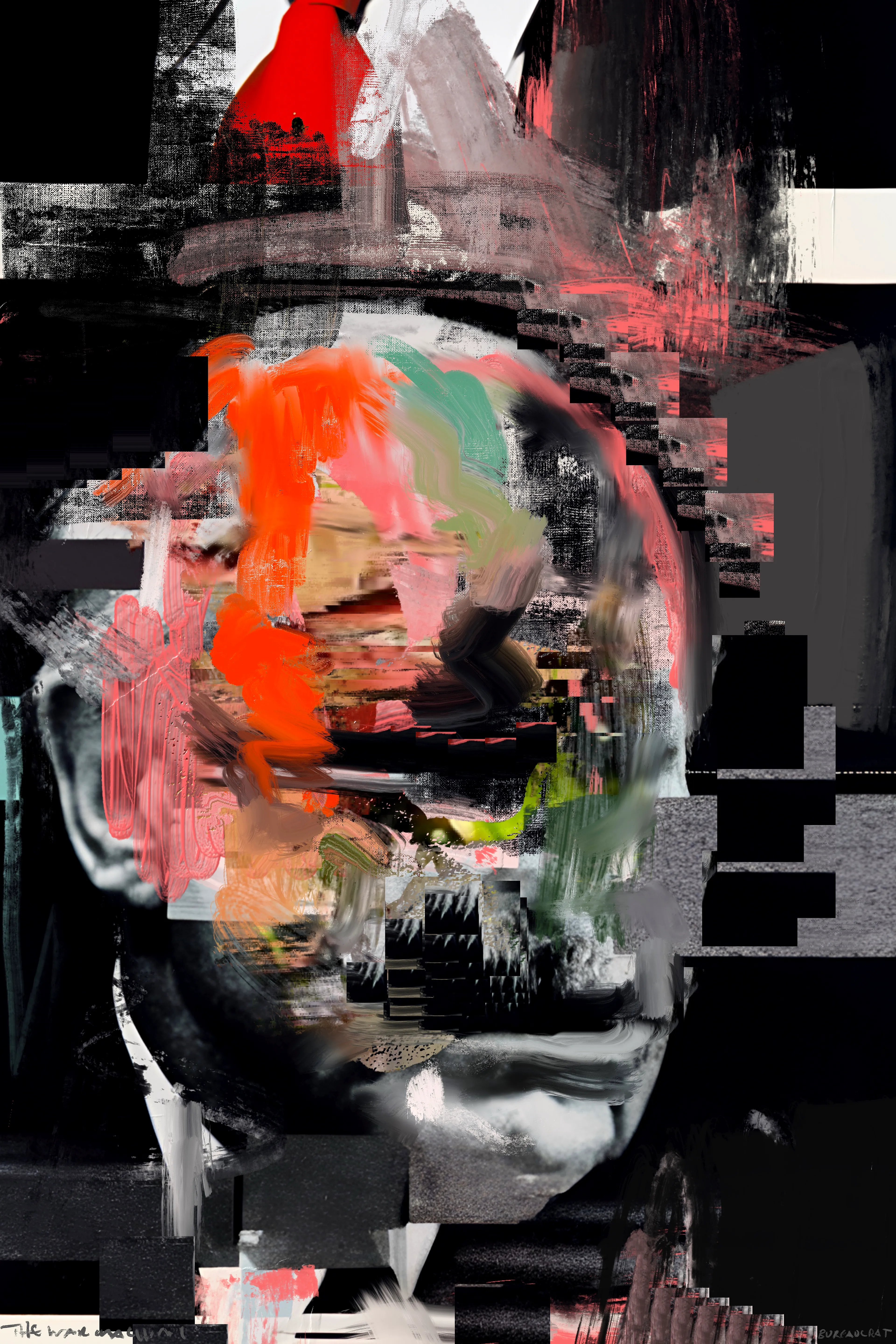 Harman’s painting project, The War Machine, is a visceral exploration of political and social unrest, rendered through rough, gestural mark-making intertwined with bold, graphic images of bureaucratic figures and ominous elements. Growing up in the 1980s, Harman was deeply influenced by the stark lines and boldness of brutalist architecture, which he juxtaposes with the ever-present specter of World War III—a theme that has loomed large in his psyche since childhood. This tension between structural boldness and existential dread pervades his work, creating pieces that are both visually arresting and thematically profound.

Harman’s technique is reminiscent of the DIY ethos of zine culture, with its raw, unpolished aesthetic achieved through methods like photocopying and basic, cost-effective reproduction. Despite his classical training, Harman continually returns to the anarchic spirit of electronic and punk music, which infuses his art with a rebellious energy and a sense of urgency. This connection to subcultural movements is evident in the poster-like quality of his work, where expressive painting and dynamic mark-making create a visual cacophony that reflects the chaotic state of global politics.

In these paintings, the fragmented and obscured faces of bureaucrats and nefarious figures evoke the facelessness of political power and the dehumanizing effects of war. The vivid, almost violent strokes of color and form mirror the contemporary tensions between East and West, capturing a world on the brink of conflict. Harman’s work not only serves as a poignant commentary on the current geopolitical climate but also as a reminder of the persistent threats that have shaped our collective consciousness for decades.

The War Machine is a powerful testament to Harman’s ability to blend classical techniques with modern influences, creating a body of work that is both historically informed and strikingly relevant. His paintings are a call to confront the realities of our time, urging viewers to reflect on the fragile balance between order and chaos, peace and war.