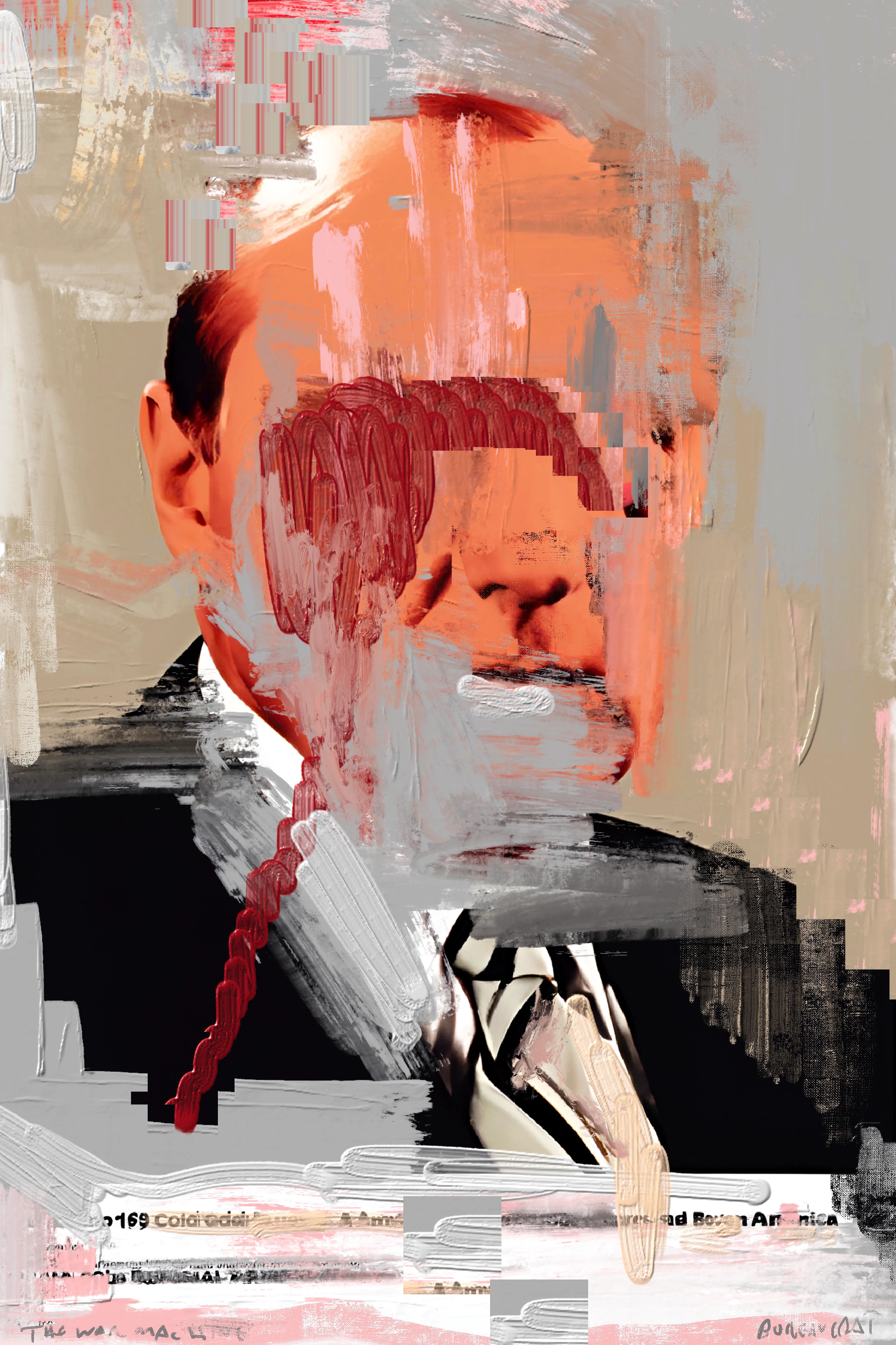 Harman’s painting project, The War Machine, is a visceral exploration of political and social unrest, rendered through rough, gestural mark-making intertwined with bold, graphic images of bureaucratic figures and ominous elements. Growing up in the 1980s, Harman was deeply influenced by the stark lines and boldness of brutalist architecture, which he juxtaposes with the ever-present specter of World War III—a theme that has loomed large in his psyche since childhood. This tension between structural boldness and existential dread pervades his work, creating pieces that are both visually arresting and thematically profound.

Harman’s technique is reminiscent of the DIY ethos of zine culture, with its raw, unpolished aesthetic achieved through methods like photocopying and basic, cost-effective reproduction. Despite his classical training, Harman continually returns to the anarchic spirit of electronic and punk music, which infuses his art with a rebellious energy and a sense of urgency. This connection to subcultural movements is evident in the poster-like quality of his work, where expressive painting and dynamic mark-making create a visual cacophony that reflects the chaotic state of global politics.

In these paintings, the fragmented and obscured faces of bureaucrats and nefarious figures evoke the facelessness of political power and the dehumanizing effects of war. The vivid, almost violent strokes of color and form mirror the contemporary tensions between East and West, capturing a world on the brink of conflict. Harman’s work not only serves as a poignant commentary on the current geopolitical climate but also as a reminder of the persistent threats that have shaped our collective consciousness for decades.

The War Machine is a powerful testament to Harman’s ability to blend classical techniques with modern influences, creating a body of work that is both historically informed and strikingly relevant. His paintings are a call to confront the realities of our time, urging viewers to reflect on the fragile balance between order and chaos, peace and war.