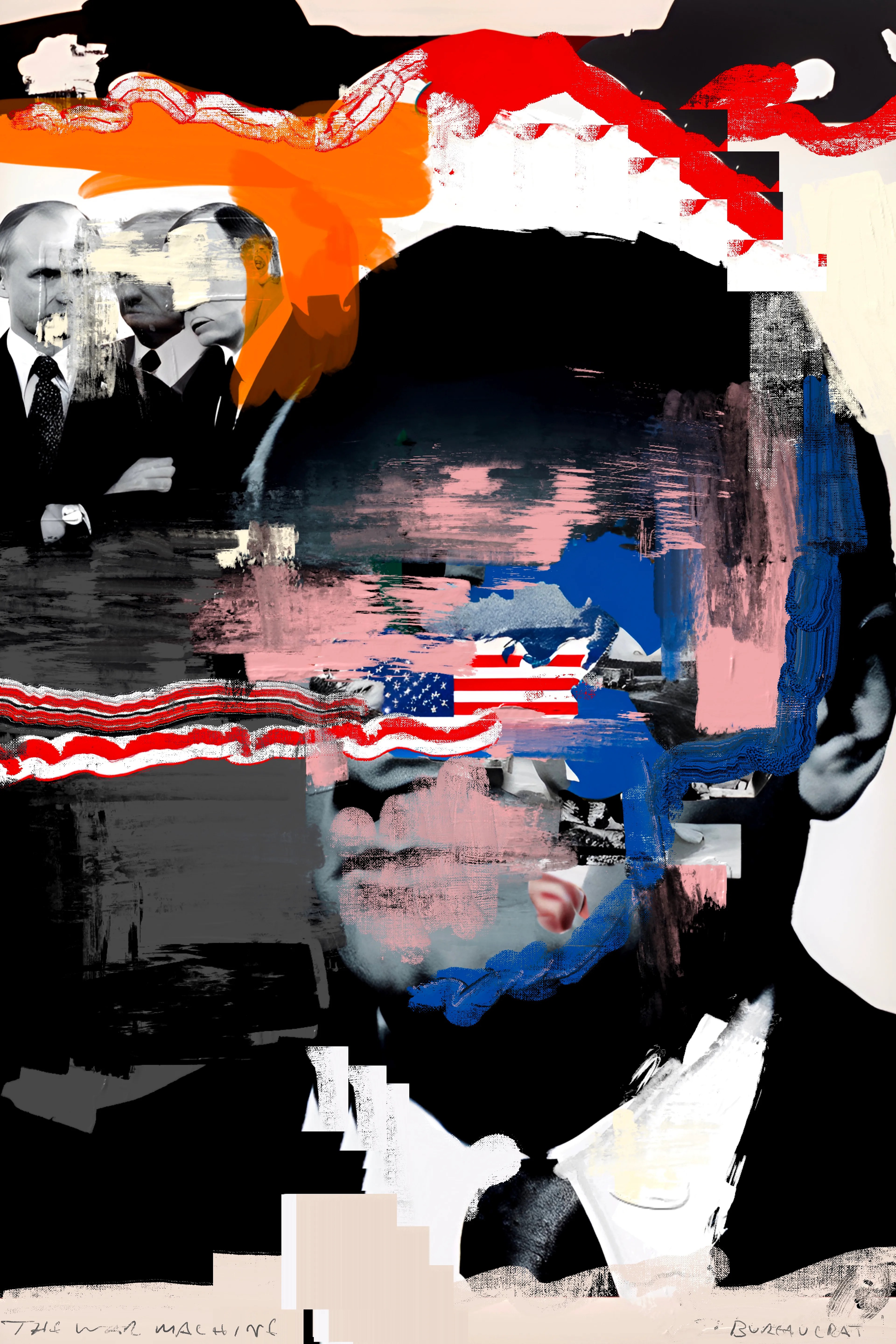 Harman’s painting project, The War Machine, is a visceral exploration of political and social unrest, rendered through rough, gestural mark-making intertwined with bold, graphic images of bureaucratic figures and ominous elements. Growing up in the 1980s, Harman was deeply influenced by the stark lines and boldness of brutalist architecture, which he juxtaposes with the ever-present specter of World War III—a theme that has loomed large in his psyche since childhood. This tension between structural boldness and existential dread pervades his work, creating pieces that are both visually arresting and thematically profound.

Harman’s technique is reminiscent of the DIY ethos of zine culture, with its raw, unpolished aesthetic achieved through methods like photocopying and basic, cost-effective reproduction. Despite his classical training, Harman continually returns to the anarchic spirit of electronic and punk music, which infuses his art with a rebellious energy and a sense of urgency. This connection to subcultural movements is evident in the poster-like quality of his work, where expressive painting and dynamic mark-making create a visual cacophony that reflects the chaotic state of global politics.

In these paintings, the fragmented and obscured faces of bureaucrats and nefarious figures evoke the facelessness of political power and the dehumanizing effects of war. The vivid, almost violent strokes of color and form mirror the contemporary tensions between East and West, capturing a world on the brink of conflict. Harman’s work not only serves as a poignant commentary on the current geopolitical climate but also as a reminder of the persistent threats that have shaped our collective consciousness for decades.

The War Machine is a powerful testament to Harman’s ability to blend classical techniques with modern influences, creating a body of work that is both historically informed and strikingly relevant. His paintings are a call to confront the realities of our time, urging viewers to reflect on the fragile balance between order and chaos, peace and war.